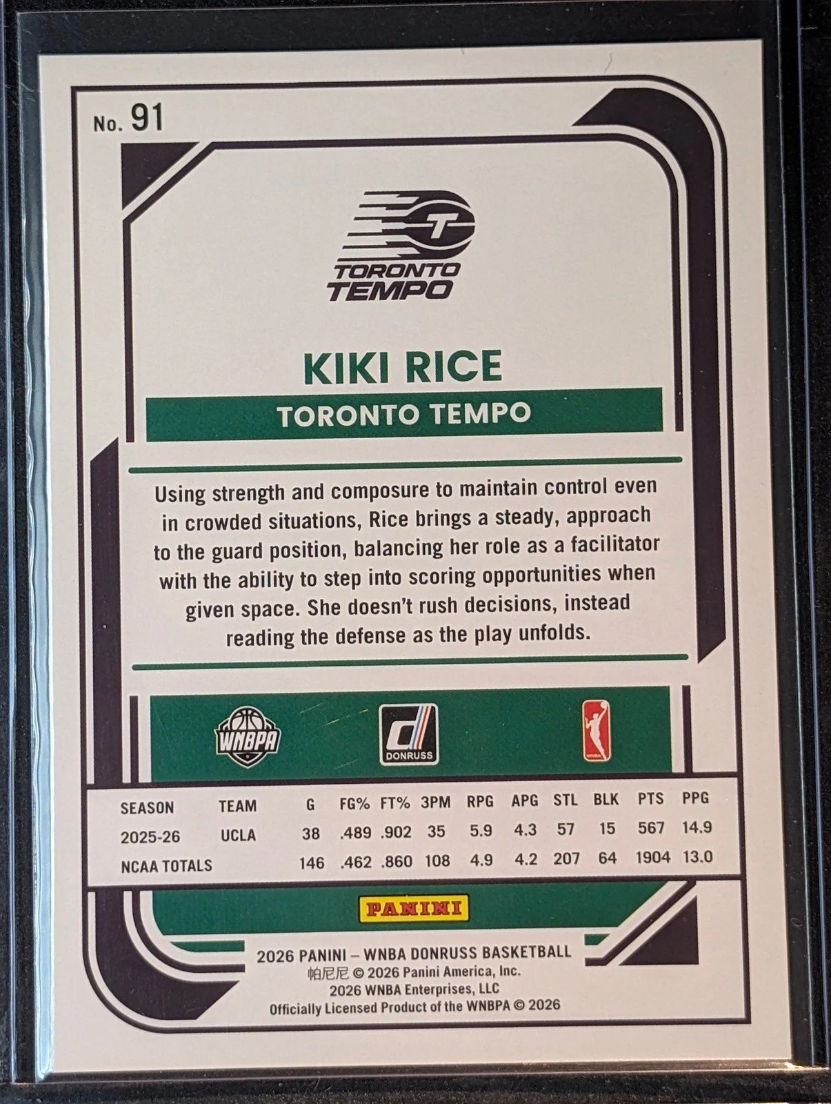 Back of 2026 Panini Donruss WNBA #91 Kiki Rice Rated Rookie