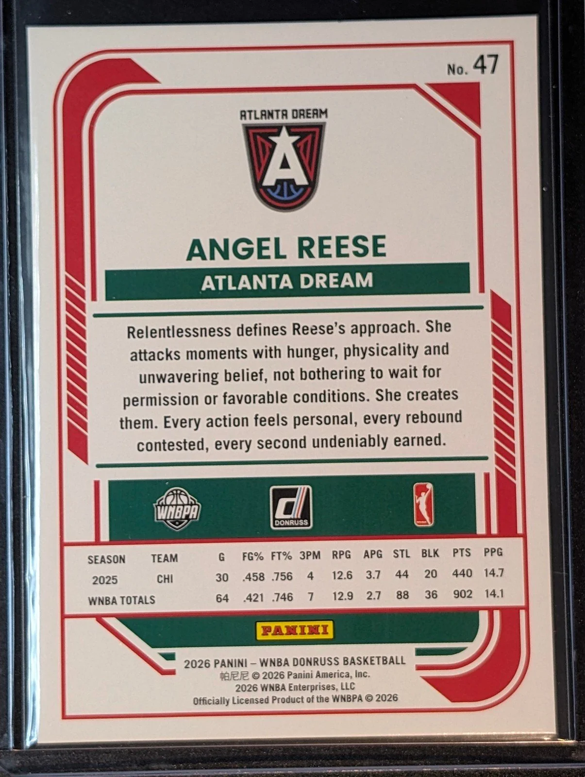 Back of 2026 Panini Donruss WNBA #47 Angel Reese Holo