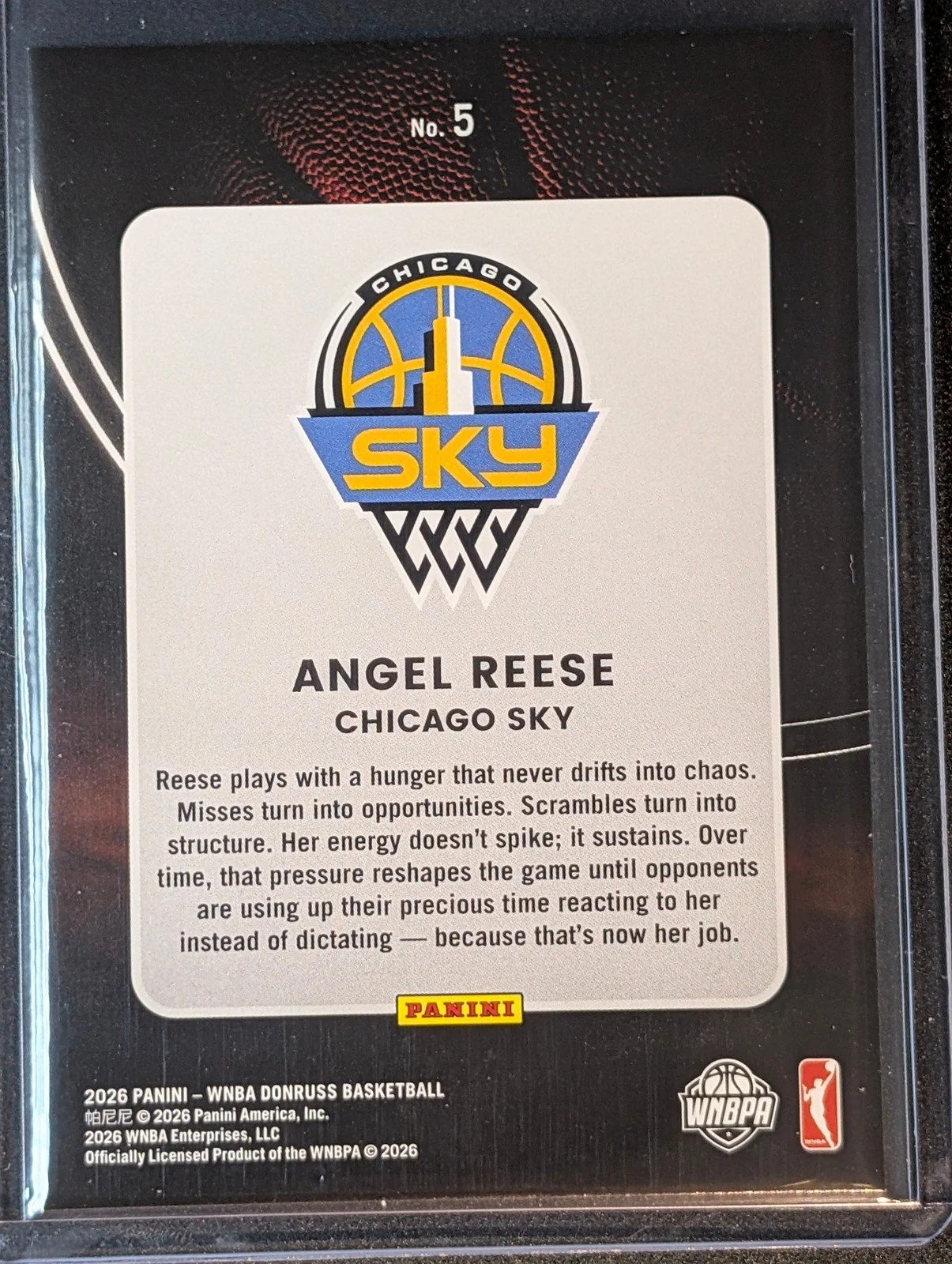Back of 2026 Panini Donruss WNBA #5 Angel Reese League Leaders