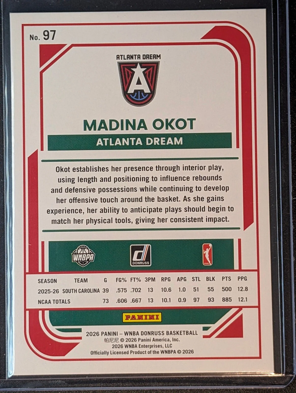 Back of 2026 Panini Donruss WNBA #97 Madina Okot Rated Rookies Holo
