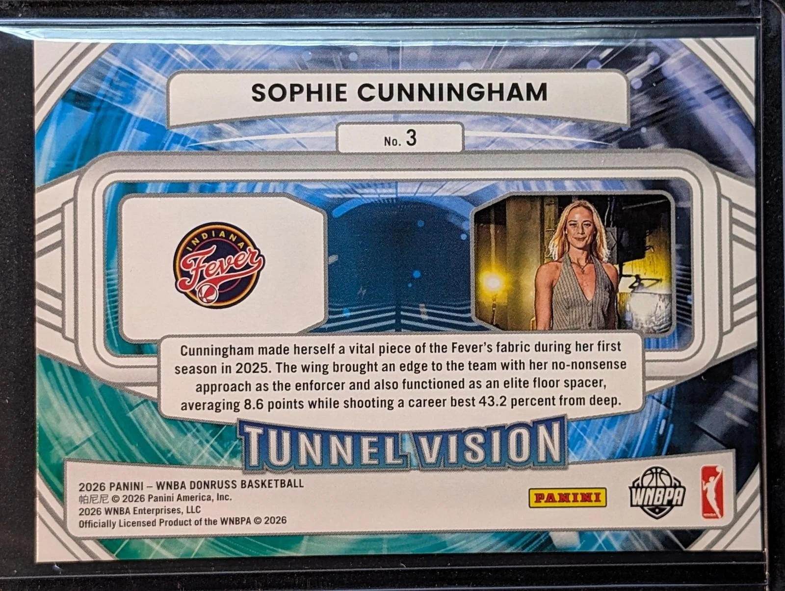 Back of 2026 Panini Donruss WNBA #3 Sophie Cunningham Tunnel Vision Diamond