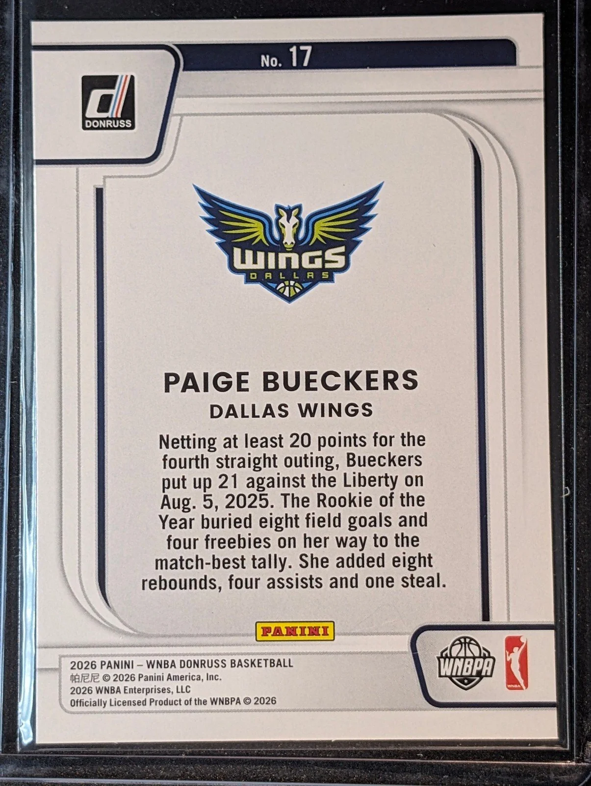 Back of 2026 Panini Donruss WNBA Paige Bueckers Franchise Features #17