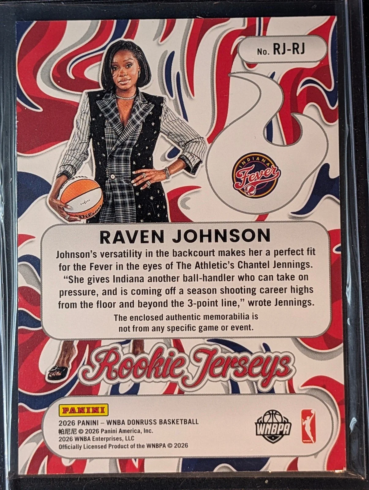 Back of 2026 Panini Donruss WNBA Raven Johnson Rookie Fever RJ-RJ RC