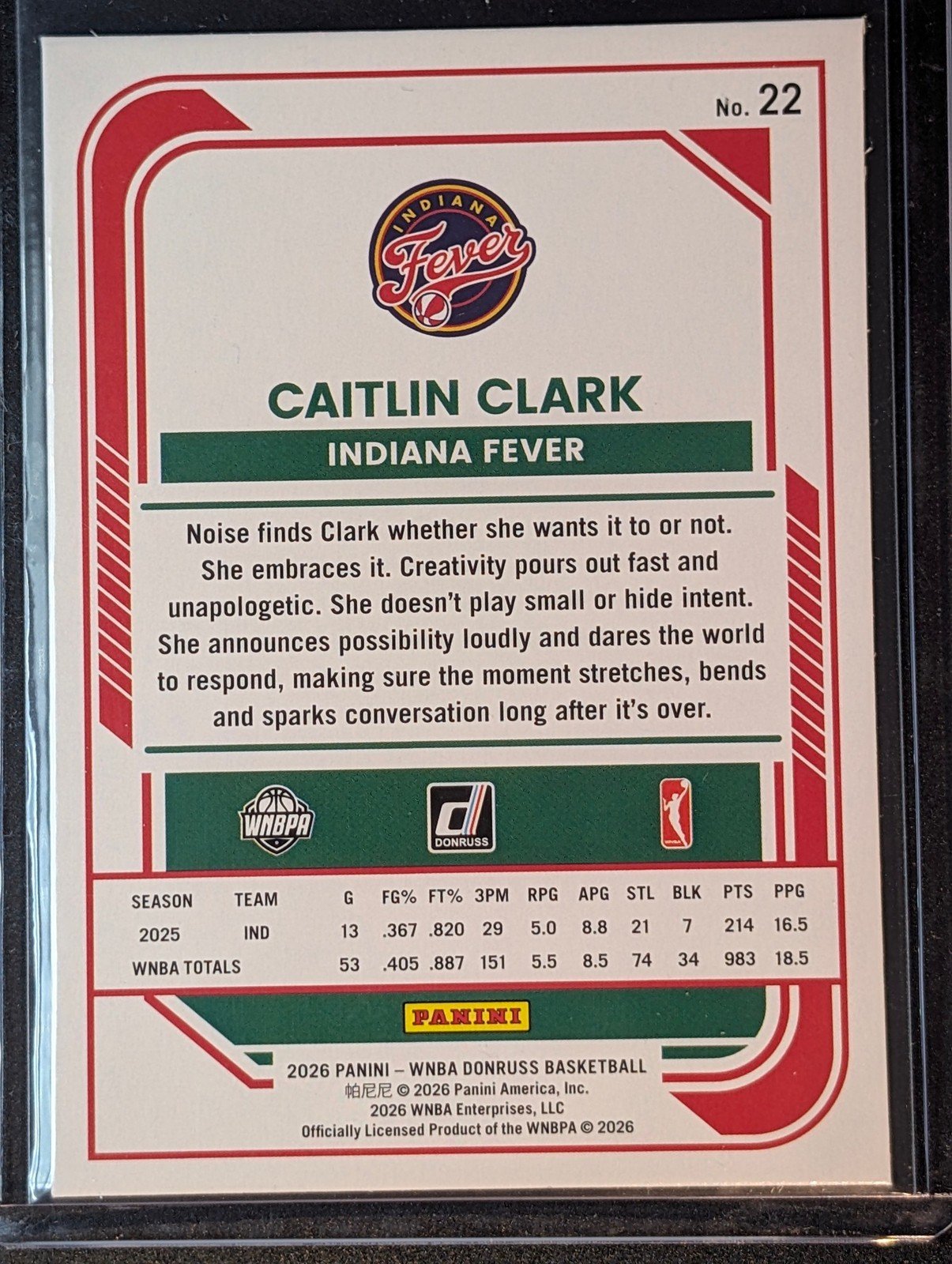 Back of 2026 Panini Donruss WNBA Caitlin Clark Base #22