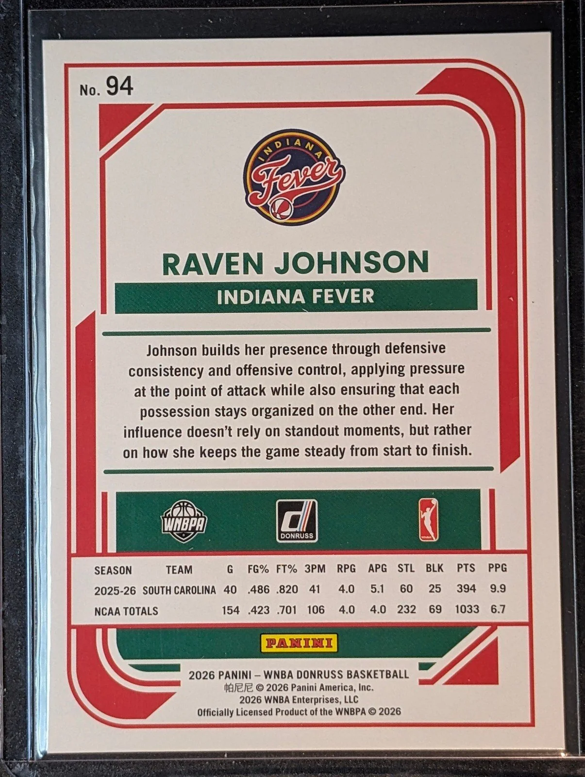 Back of 2026 Panini Donruss WNBA #94 Raven Johnson Rated Rookie