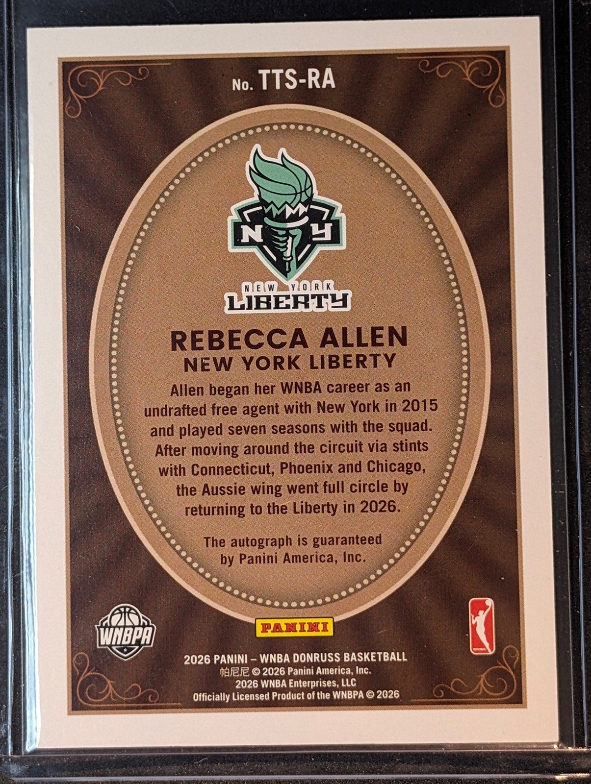 Back of 2026 Panini Donruss WNBA Rebecca Allen Timeless Treasures Signatures TTS-RA