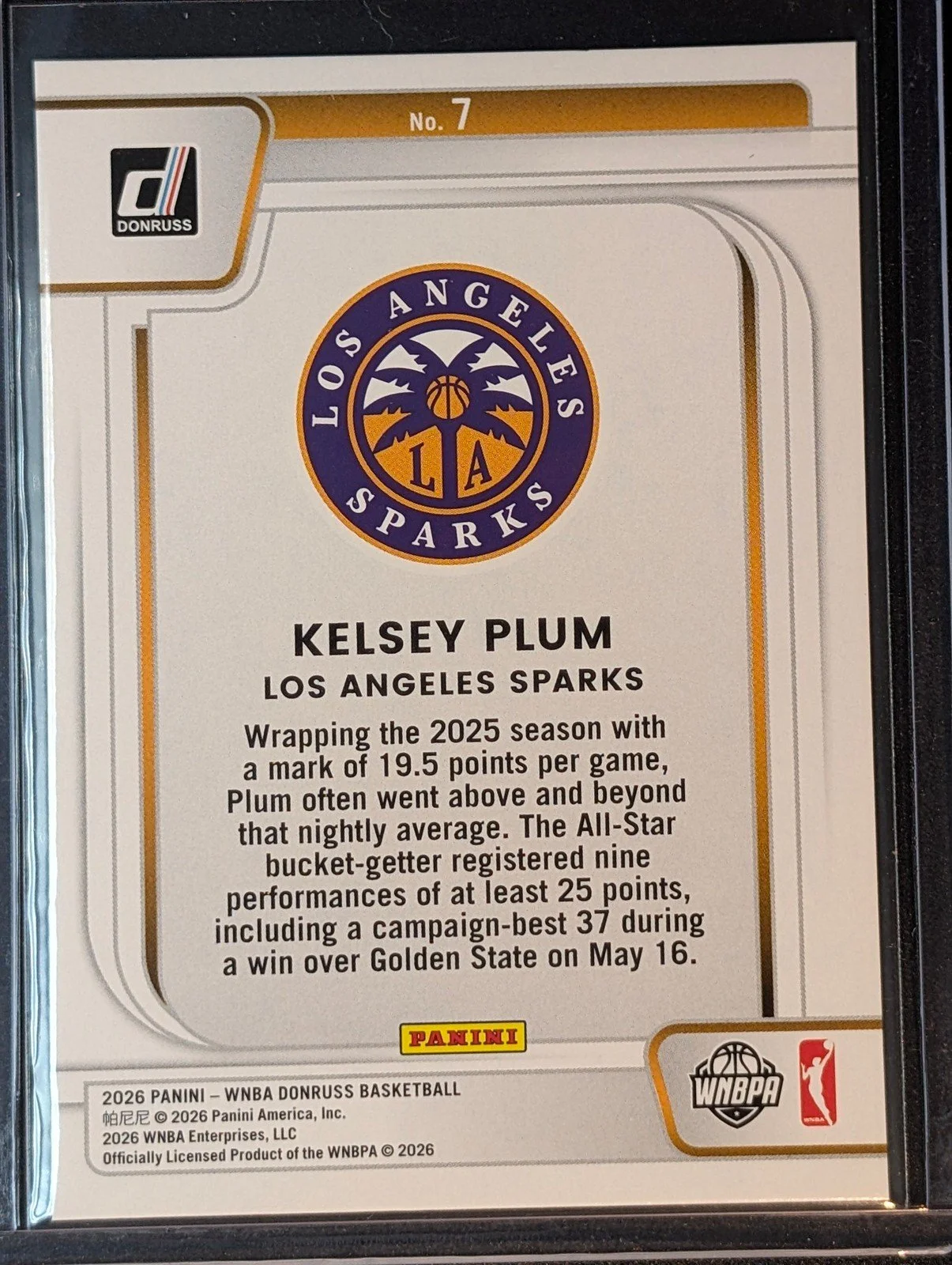 Back of 2026 Panini Donruss WNBA #7 Kelsey Plum Franchise Features Diamond