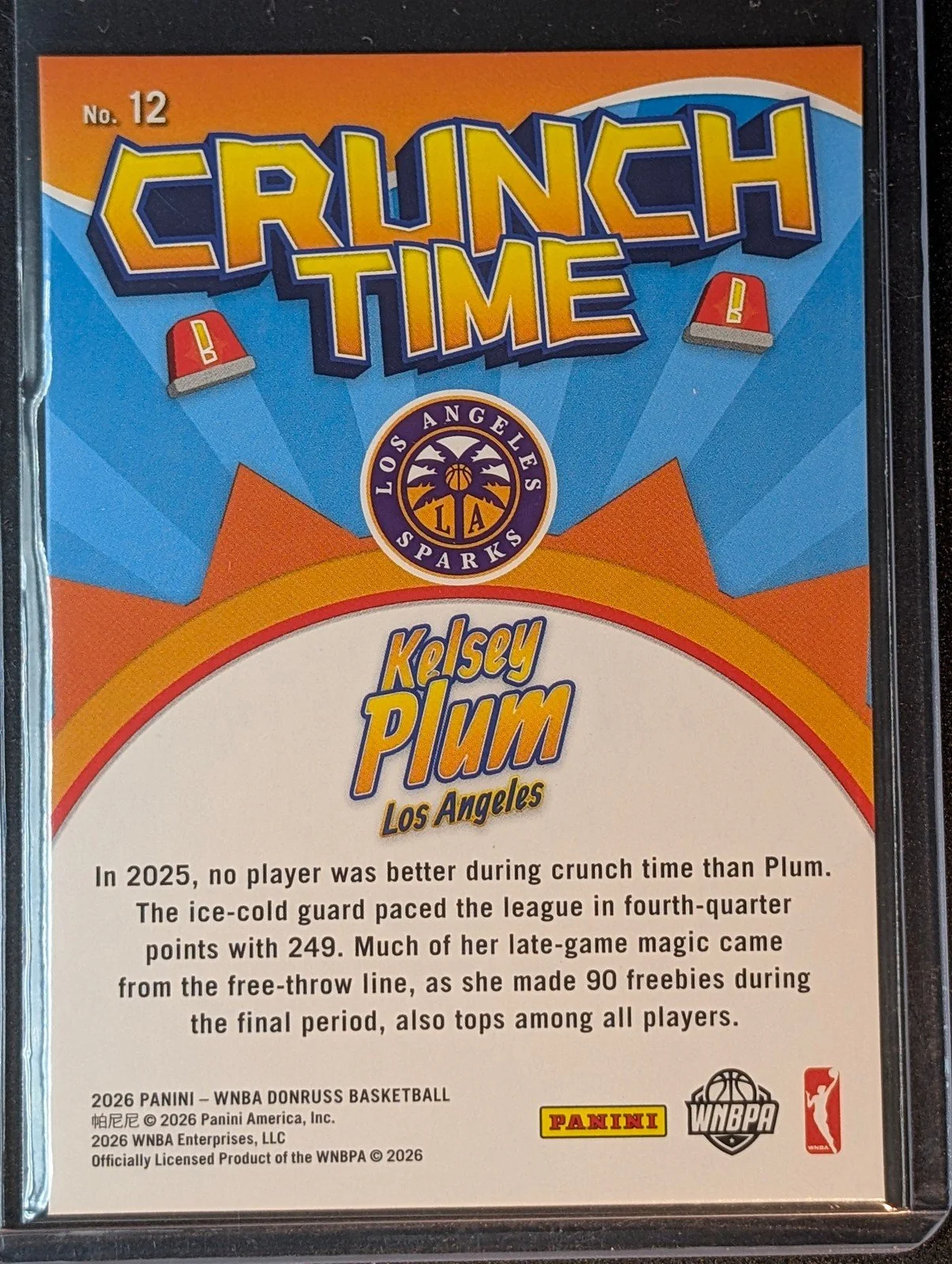 Back of 2026 Panini Donruss WNBA #12 Kelsey Plum Crunch Time Diamond