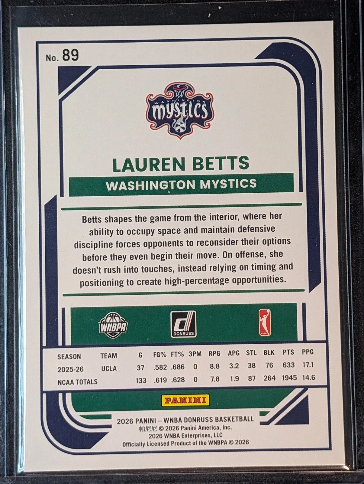 Back of 2026 Panini Donruss WNBA Lauren Betts Rated Rookies #89 RC