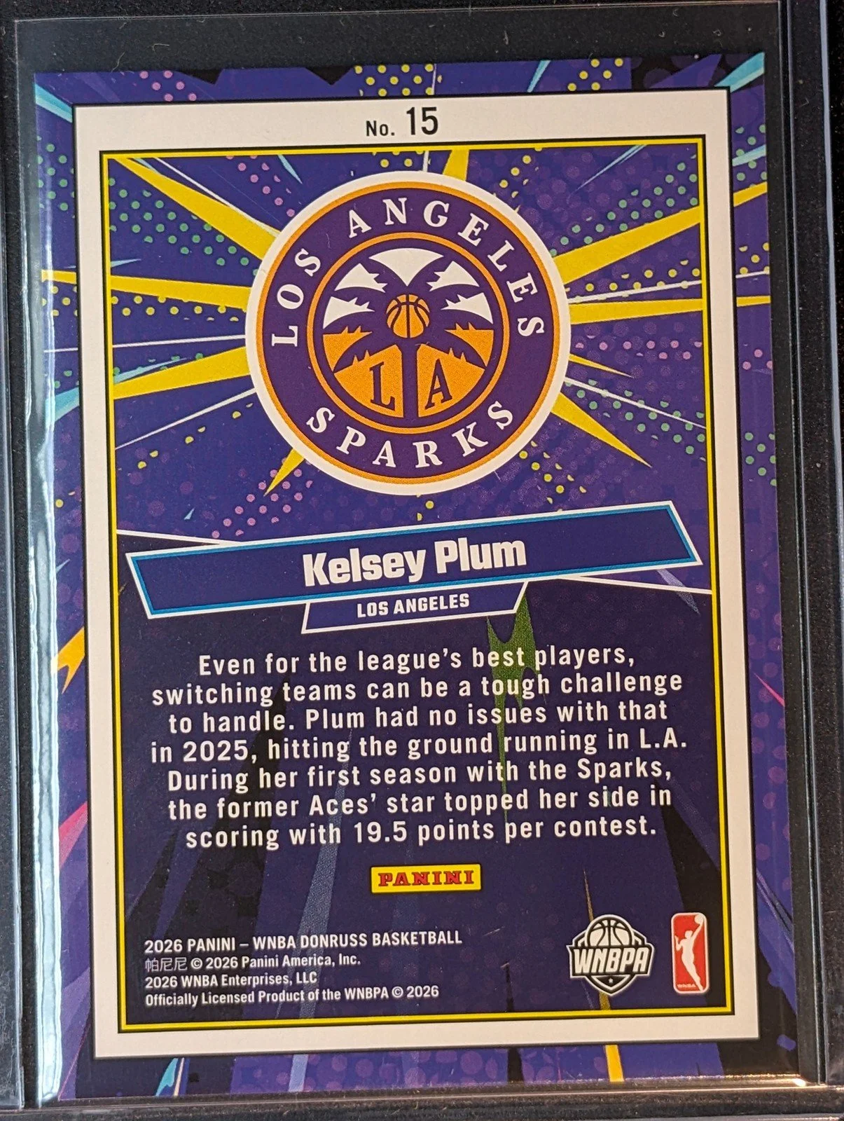 Back of 2026 Panini Donruss WNBA #15 Kelsey Plum Net Marvels Diamond