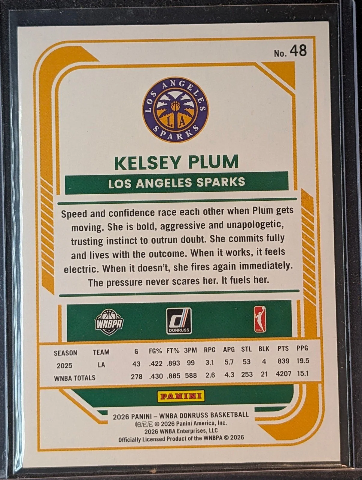 Back of 2026 Panini Donruss WNBA #48 Kelsey Plum Red Laser /185