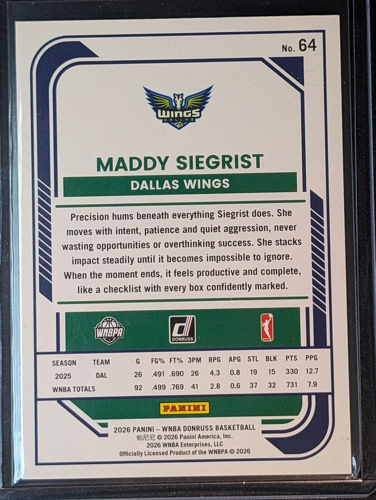 Back of 1/49 2026 Panini Donruss WNBA Maddy Siegrist /49