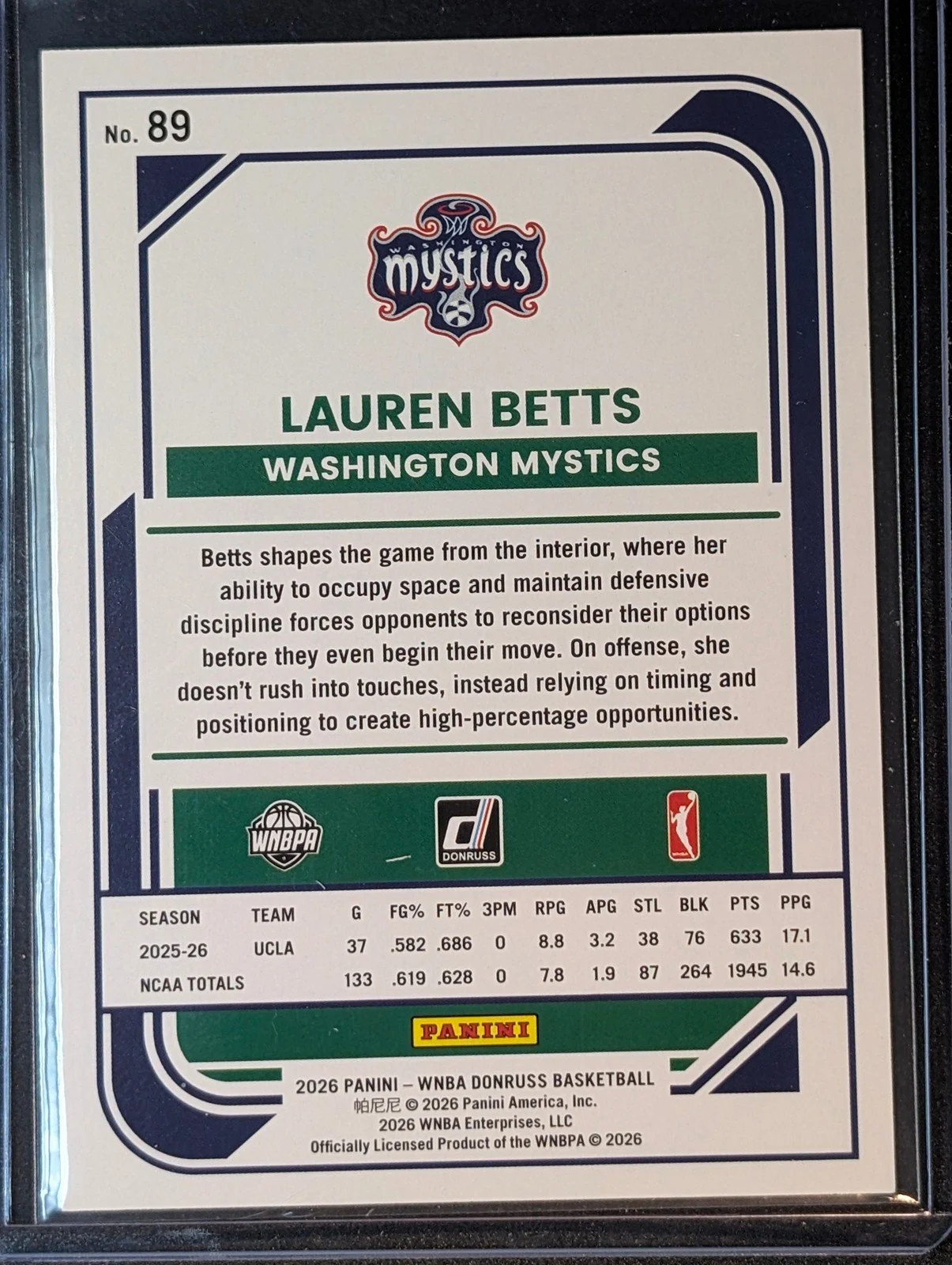 Back of 2026 Panini Donruss WNBA #89 Lauren Betts Rated Rookies Laser /399