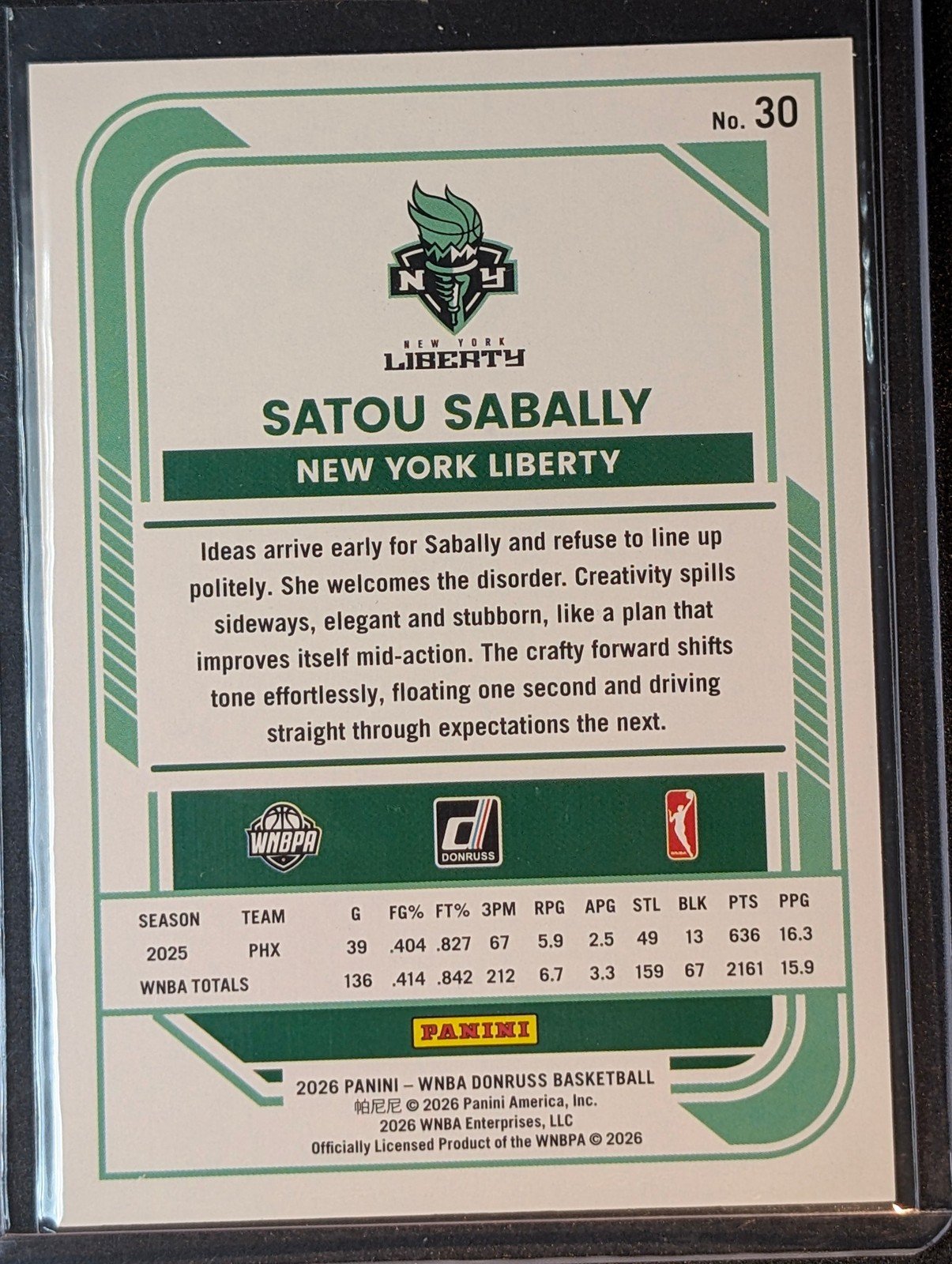 Back of 2026 Panini Donruss WNBA #30 Satou Sabally Orange Laser /299