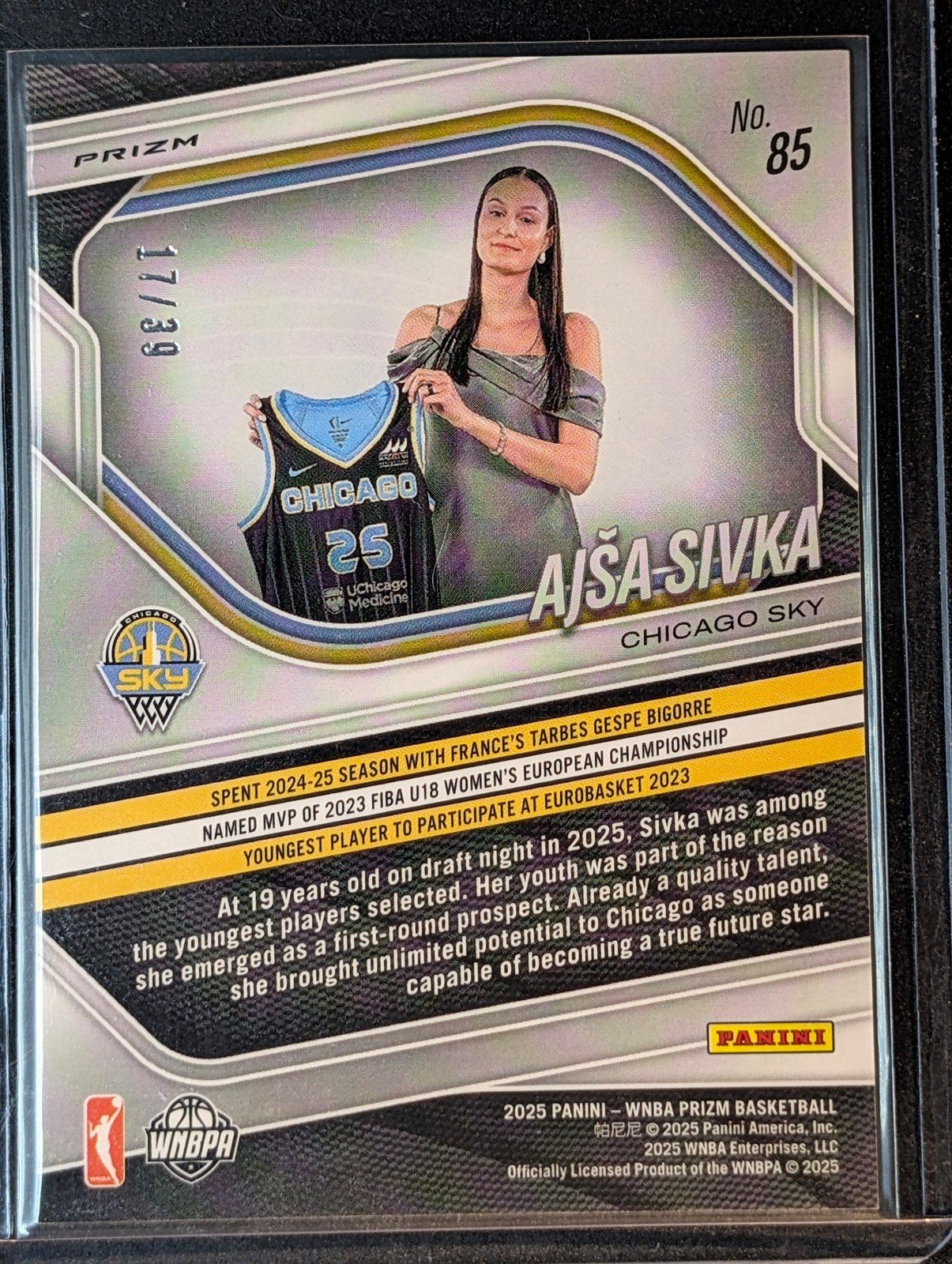 Back of 2025 Panini Prizm WNBA /39 Ajsa Sivka Velocity Prizm #85