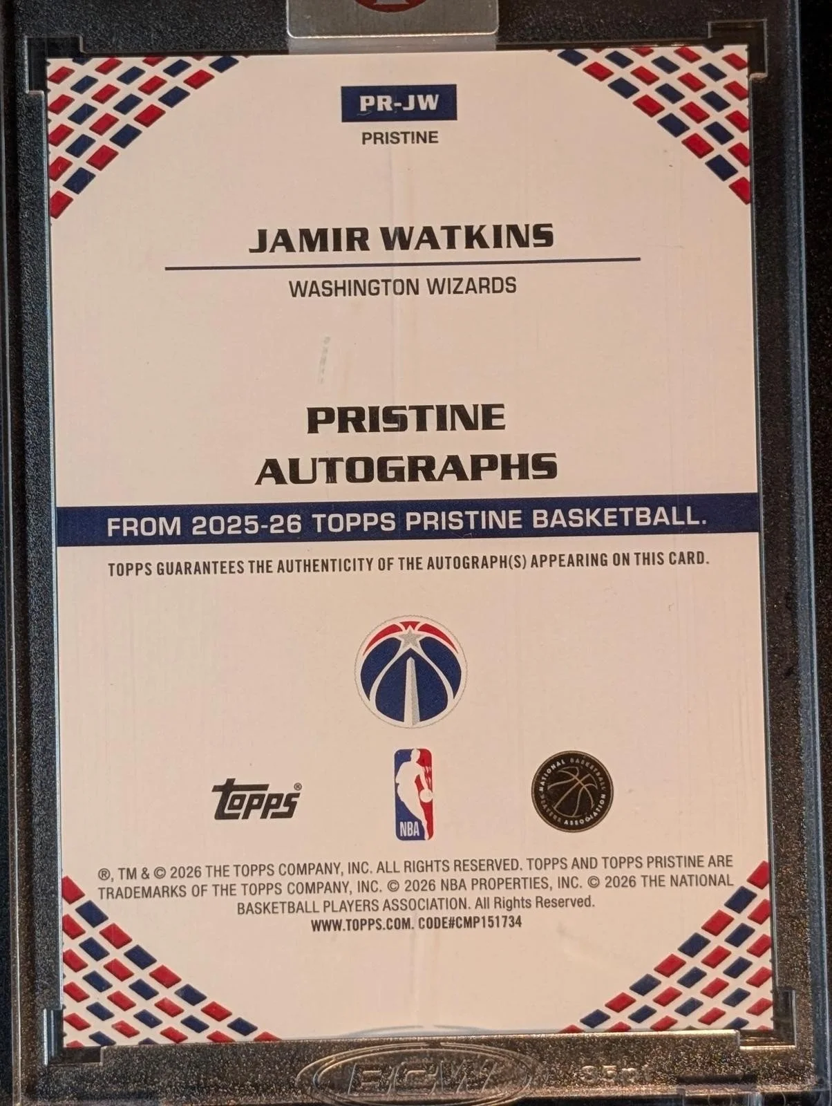 Back of 2025-26 Topps Pristine Jamir Watkins Rookie Auto PR-JW RC