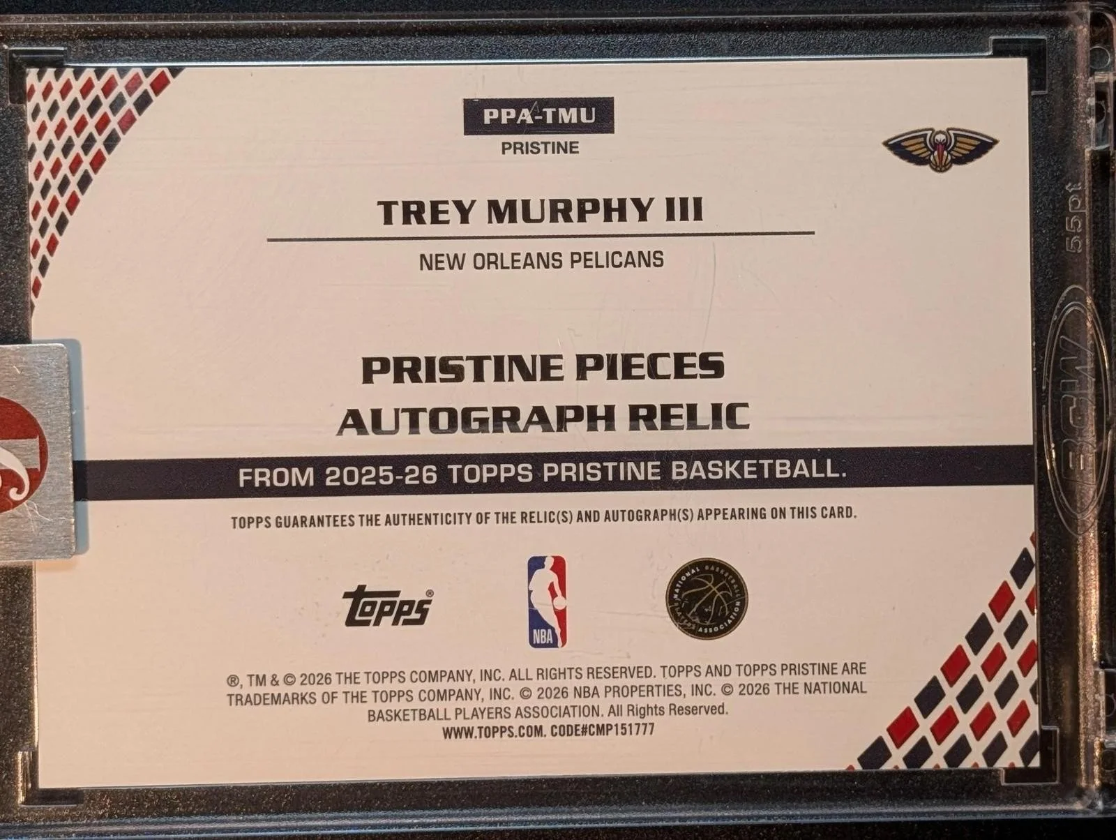 Back of 2025-26 Topps Pristine /75 Trey Murphy III Auto Relic #PPA-TMU