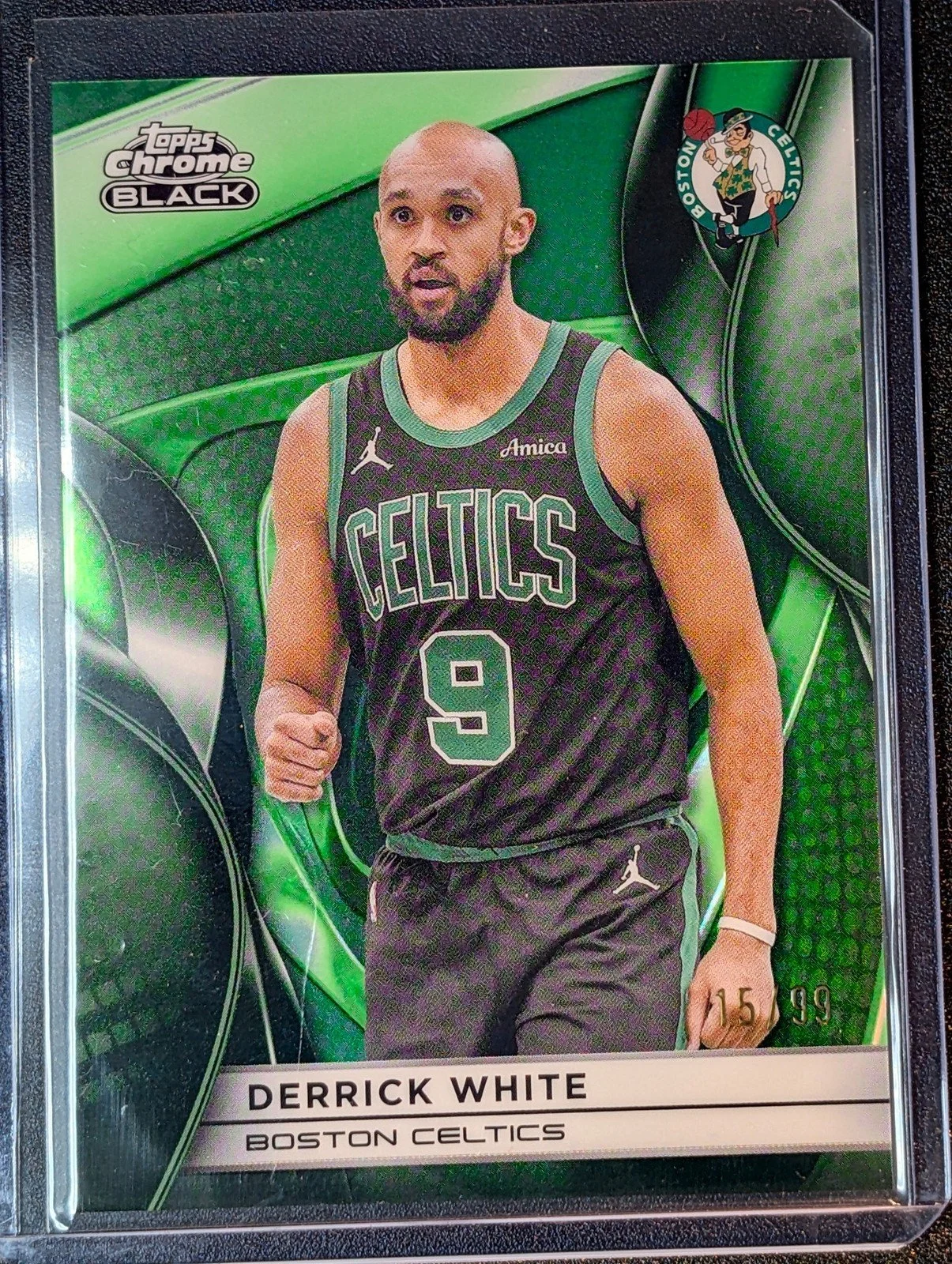 Front of 2025-26 Topps Chrome Black /99 Derrick White Green Refractor #40