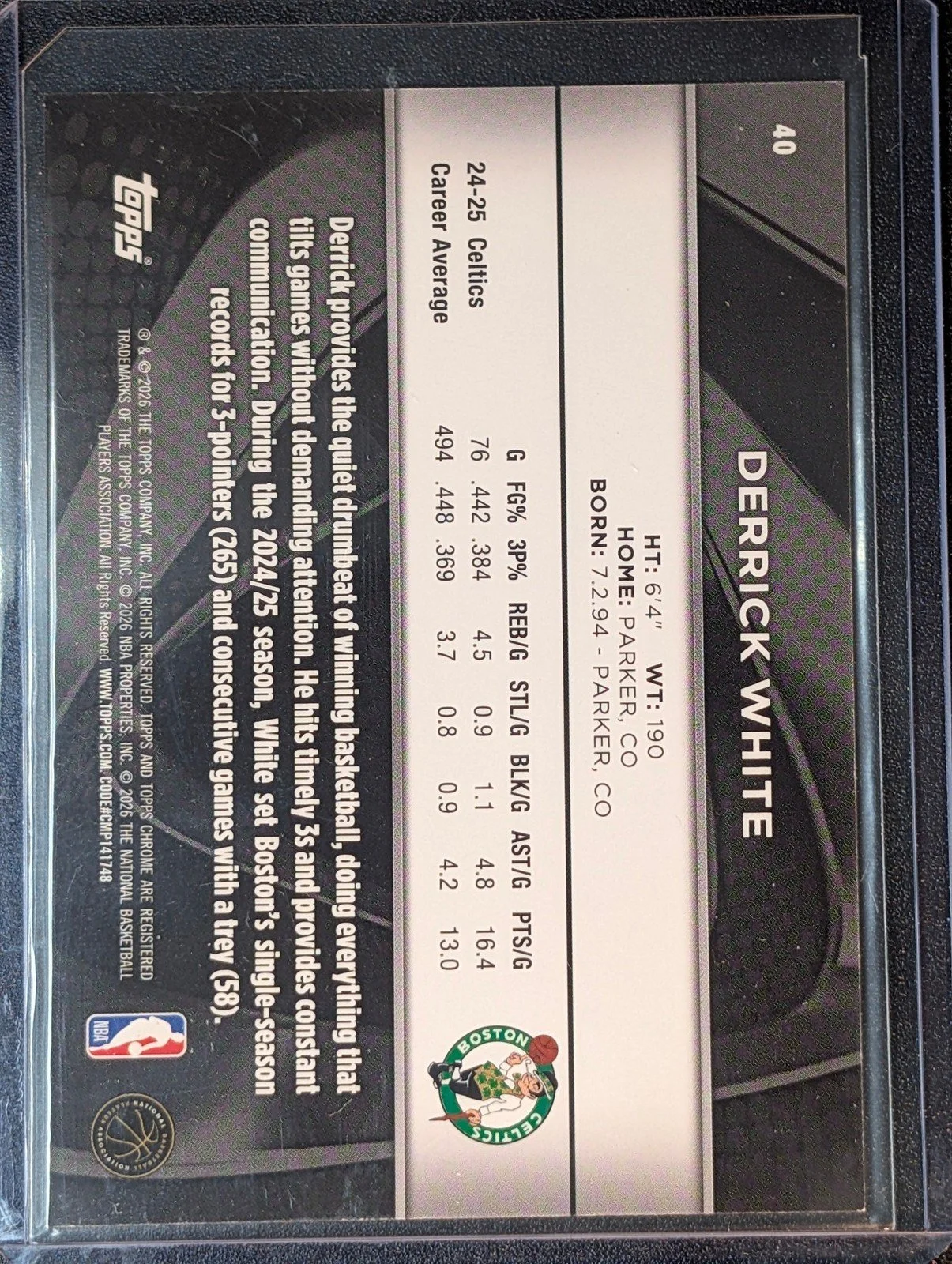 Back of 2025-26 Topps Chrome Black /99 Derrick White Green Refractor #40