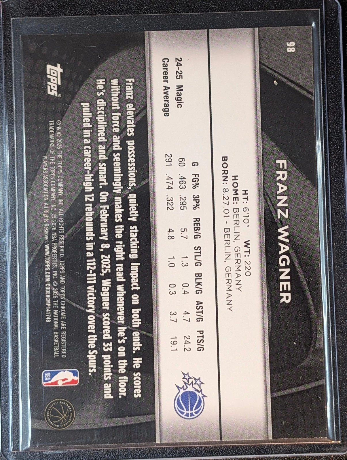 Back of 2025-26 Topps Chrome Black /299 Franz Wagner Refractor #98