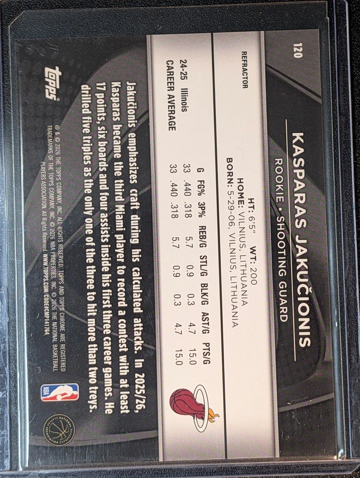 Back of Topps Chrome Black /299 Kasparas Jakučionis Refractor #120
