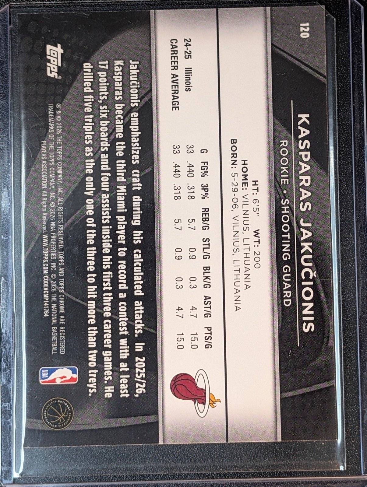 Back of 2025-26 Topps Chrome Black /150 Kasparas Jakučionis Blue Refractor #120 RC