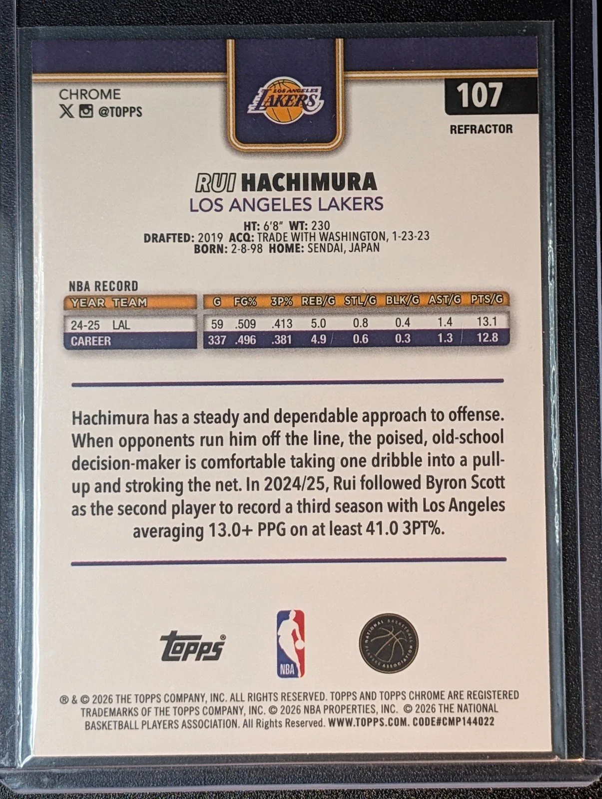 Back of 2025-26 Topps Chrome Update Rui Hachimura Refractor #107