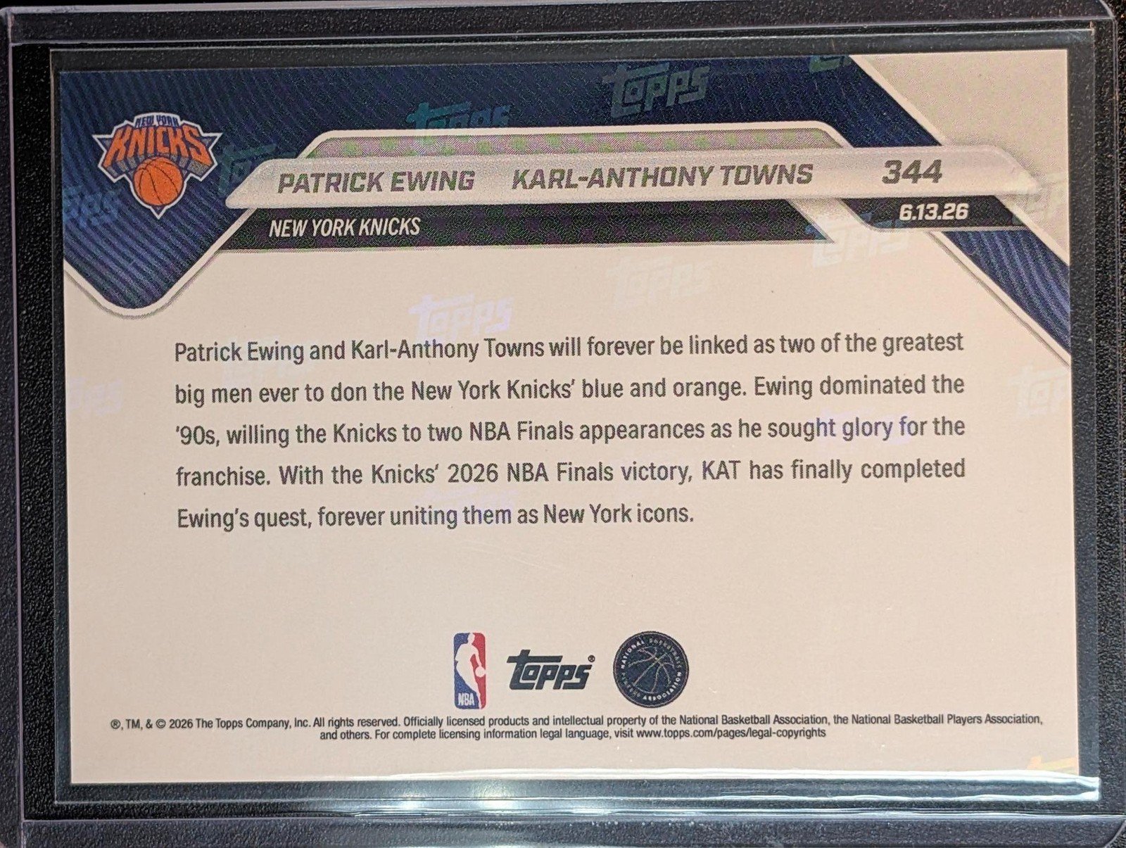 Back of 2025-26 Topps Now Patrick Ewing / Karl-Anthony Towns #344