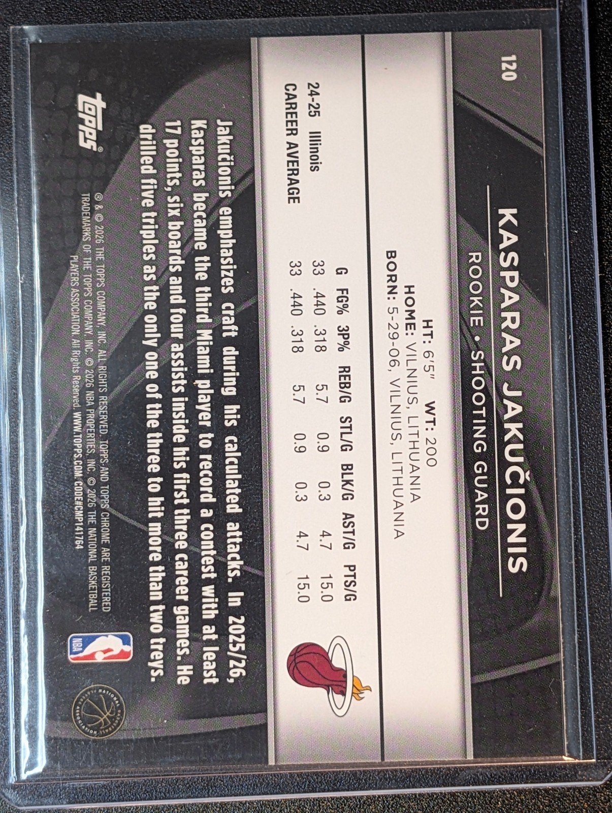 Back of 2025-26 Topps Chrome Black Kasparas Jakučionis #120 RC