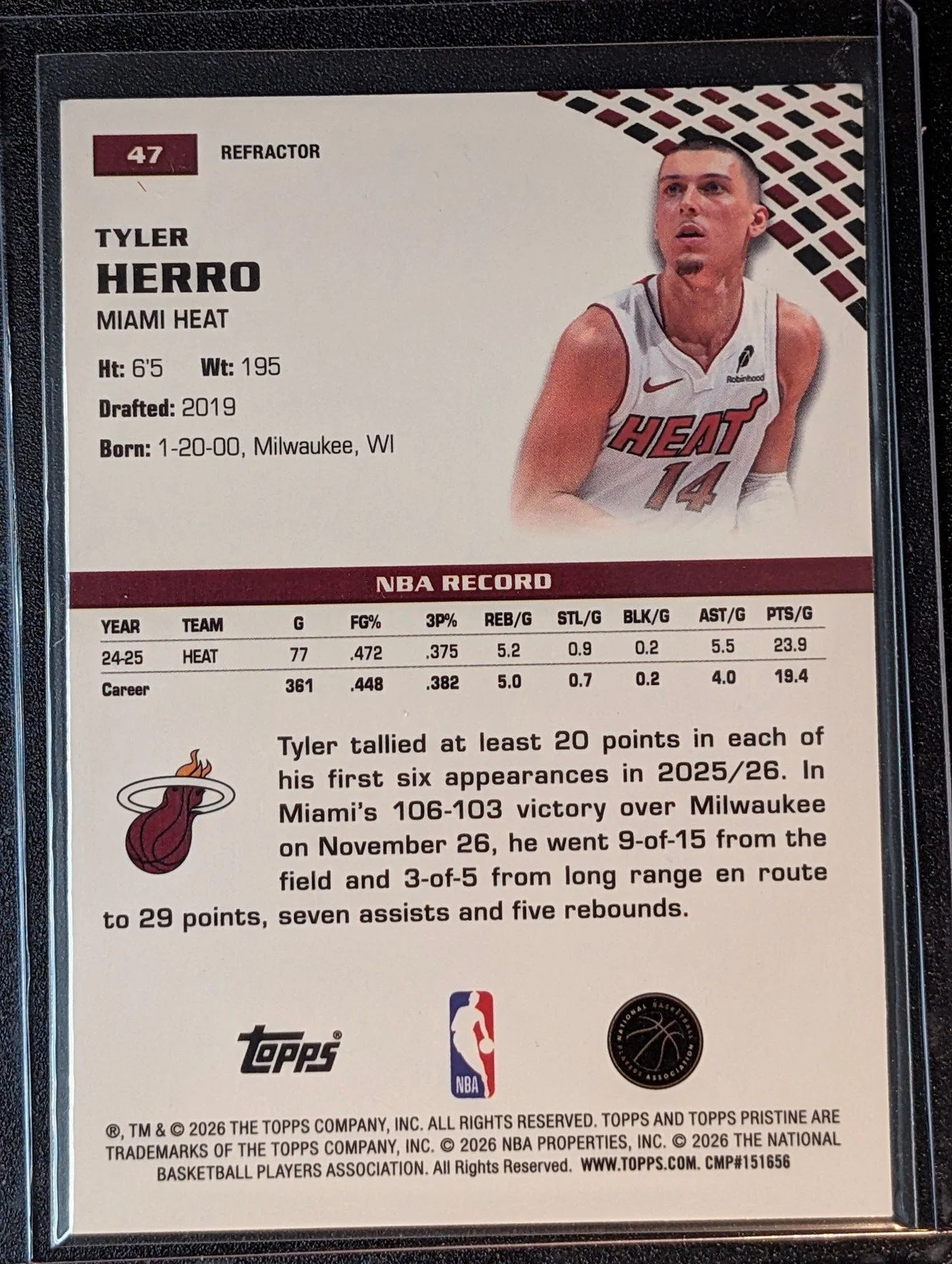 Back of 2025 Topps Pristine Tyler Herro Refractor #47
