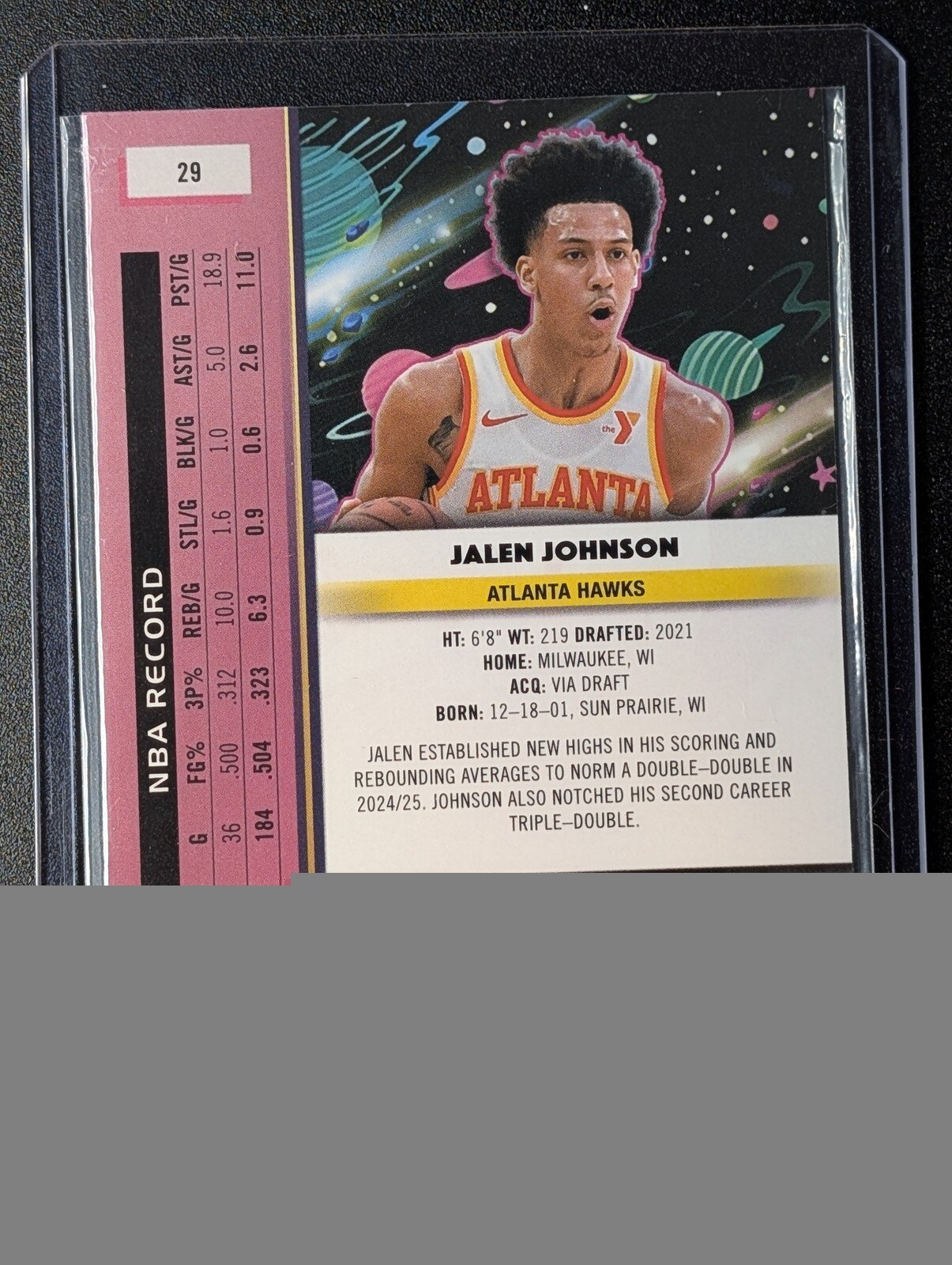 Back of 2025-26 Topps Chrome Cosmic #29 Jalen Johnson Refractors