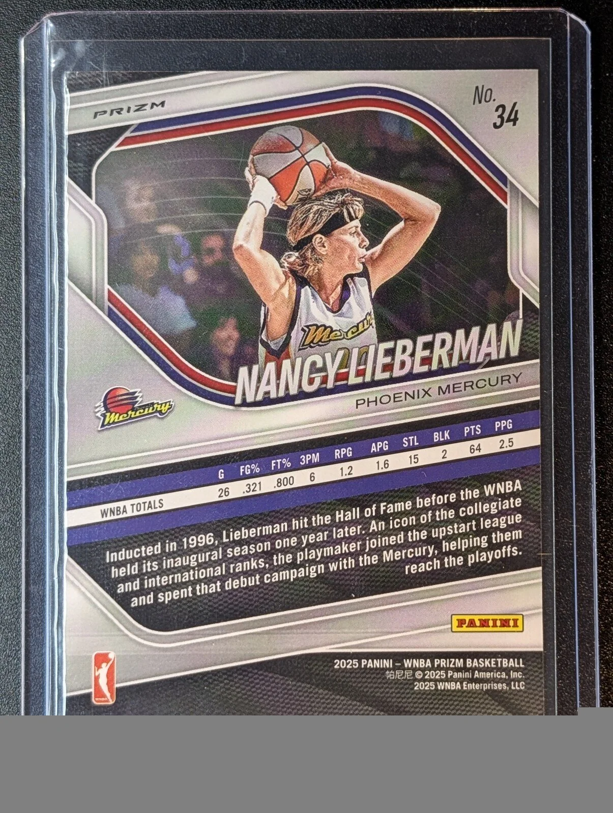 Back of 2025 Panini Prizm WNBA #34 Nancy Lieberman Silver Prizms