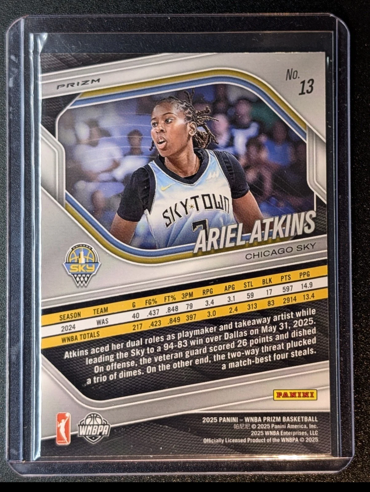Back of 2025 Panini Prizm WNBA #13 Ariel Atkins White Seismic Prizms