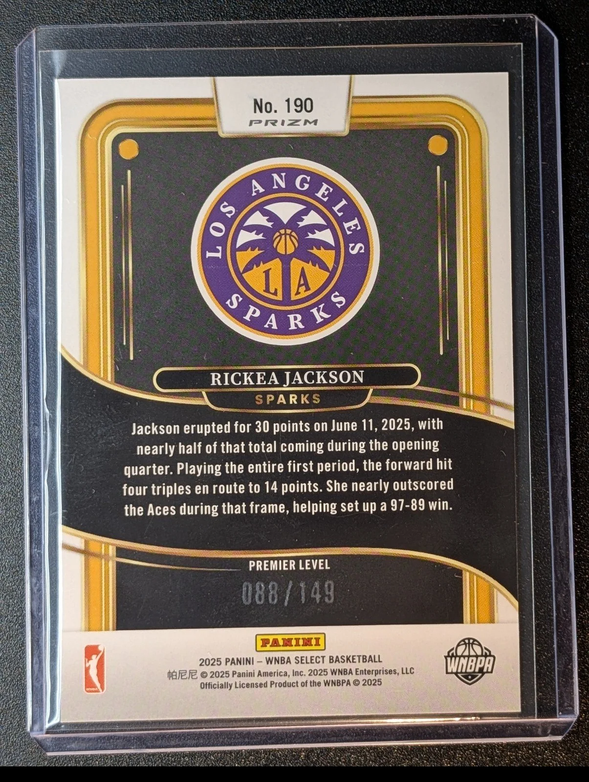Back of 2025 Panini Select WNBA #190 Rickea Jackson Purple Prizms /149