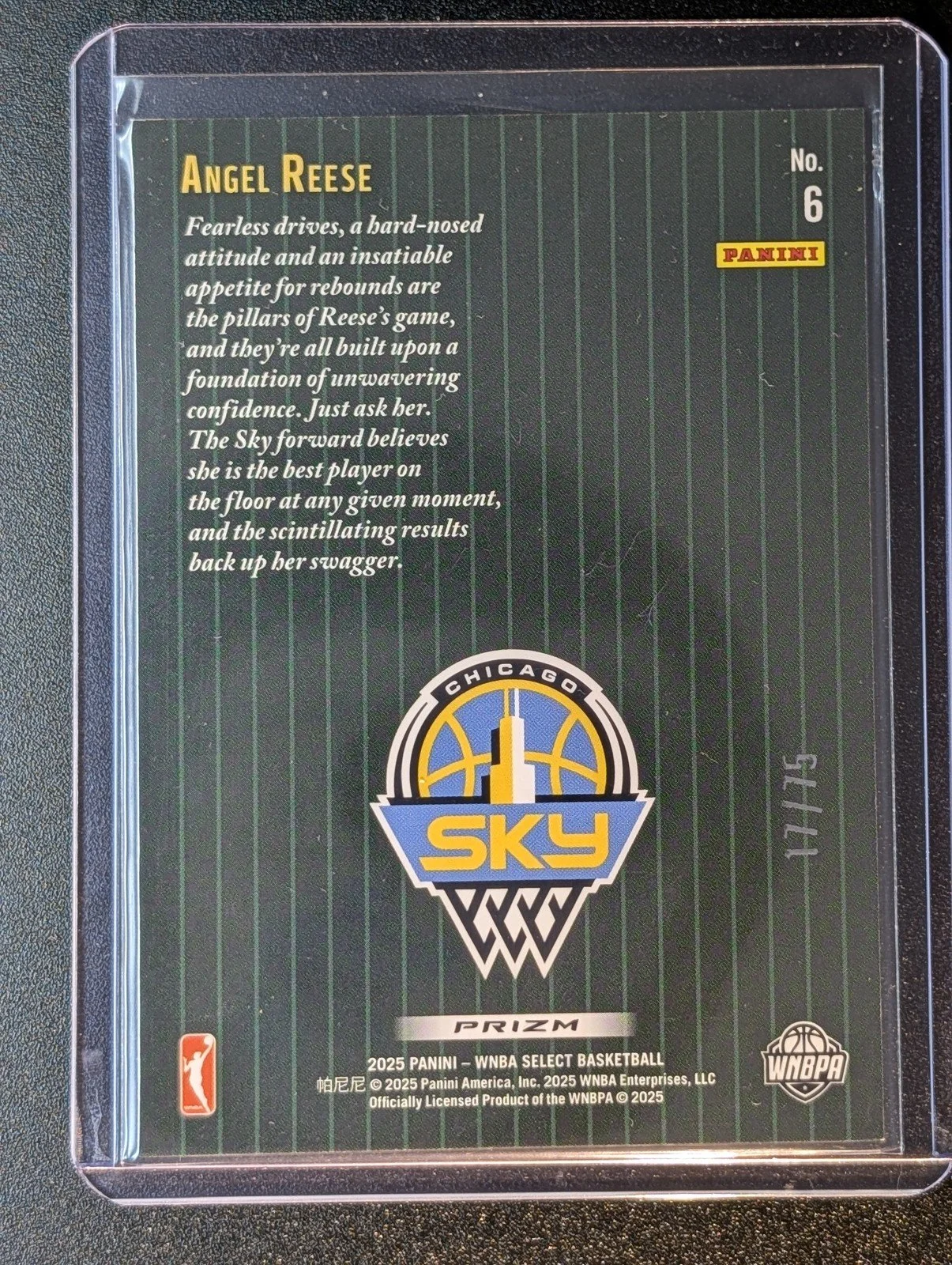 Back of 2025 Panini Select #6 Angel Reese Score Select Throwback Prizms White Disco /75