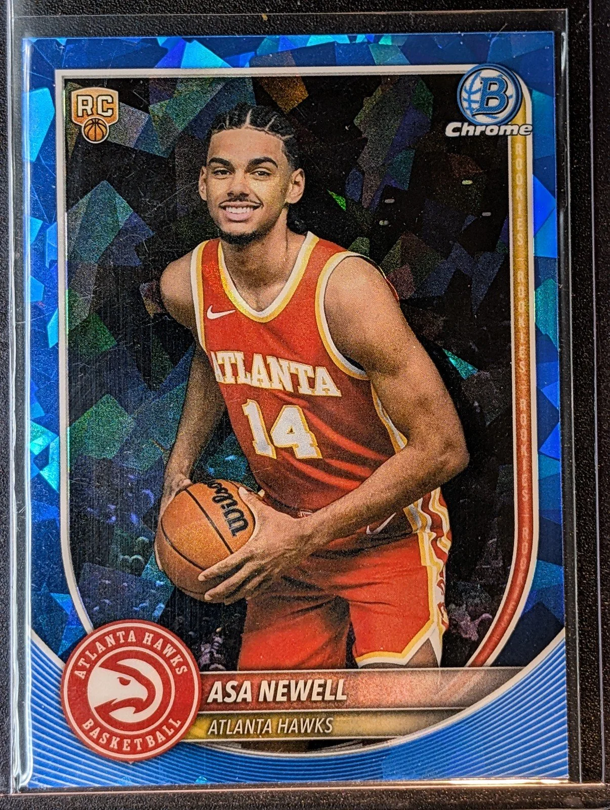 Front of 2025-26 Bowman #BCV-23 Asa Newell Chrome Sapphire Refractor RC