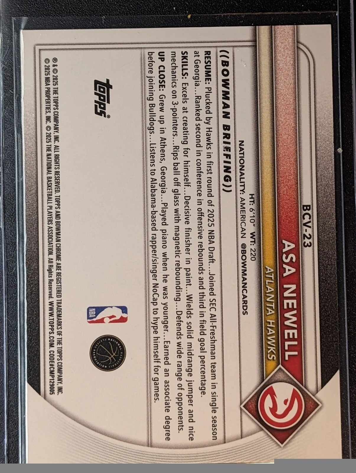 Back of 2025-26 Bowman #BCV-23 Asa Newell Chrome Sapphire Refractor RC