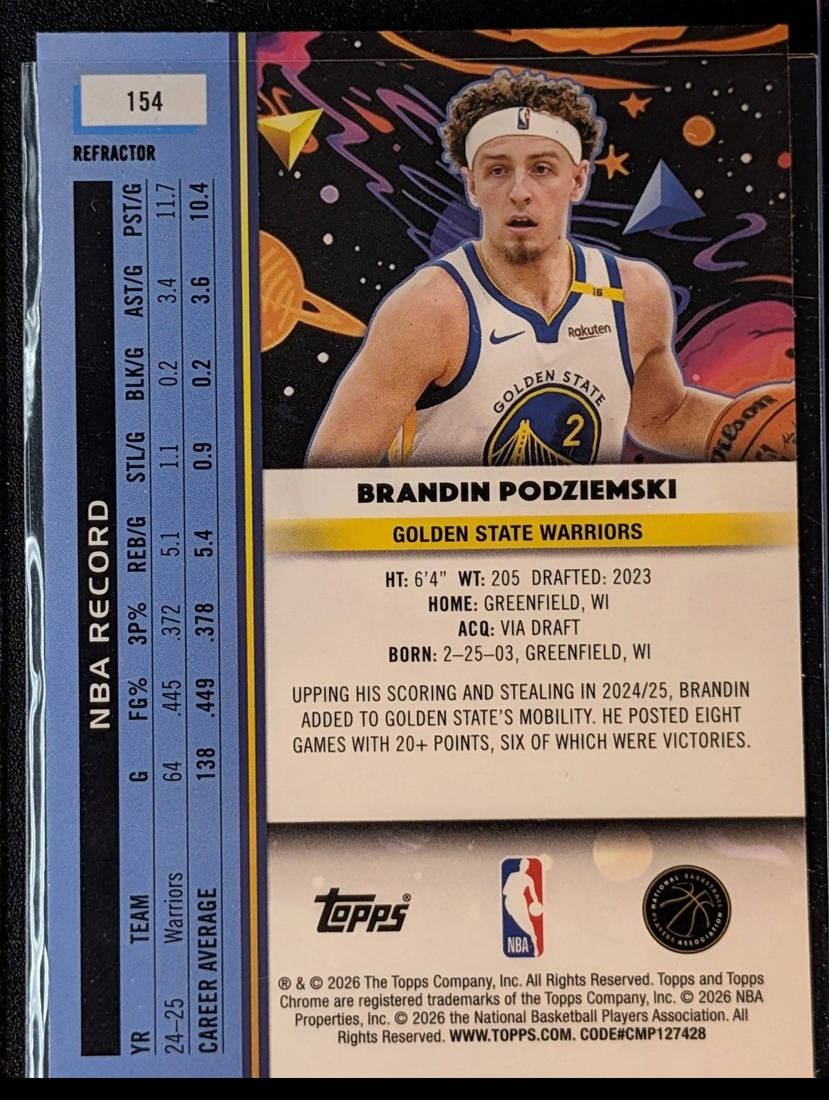 Back of 2025-26 Topps Chrome Cosmic #154 Brandin Podziemski Refractor