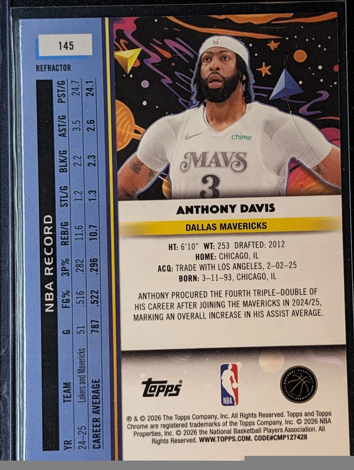 Back of 2025-26 Topps Chrome Cosmic #145 Anthony Davis Refractor