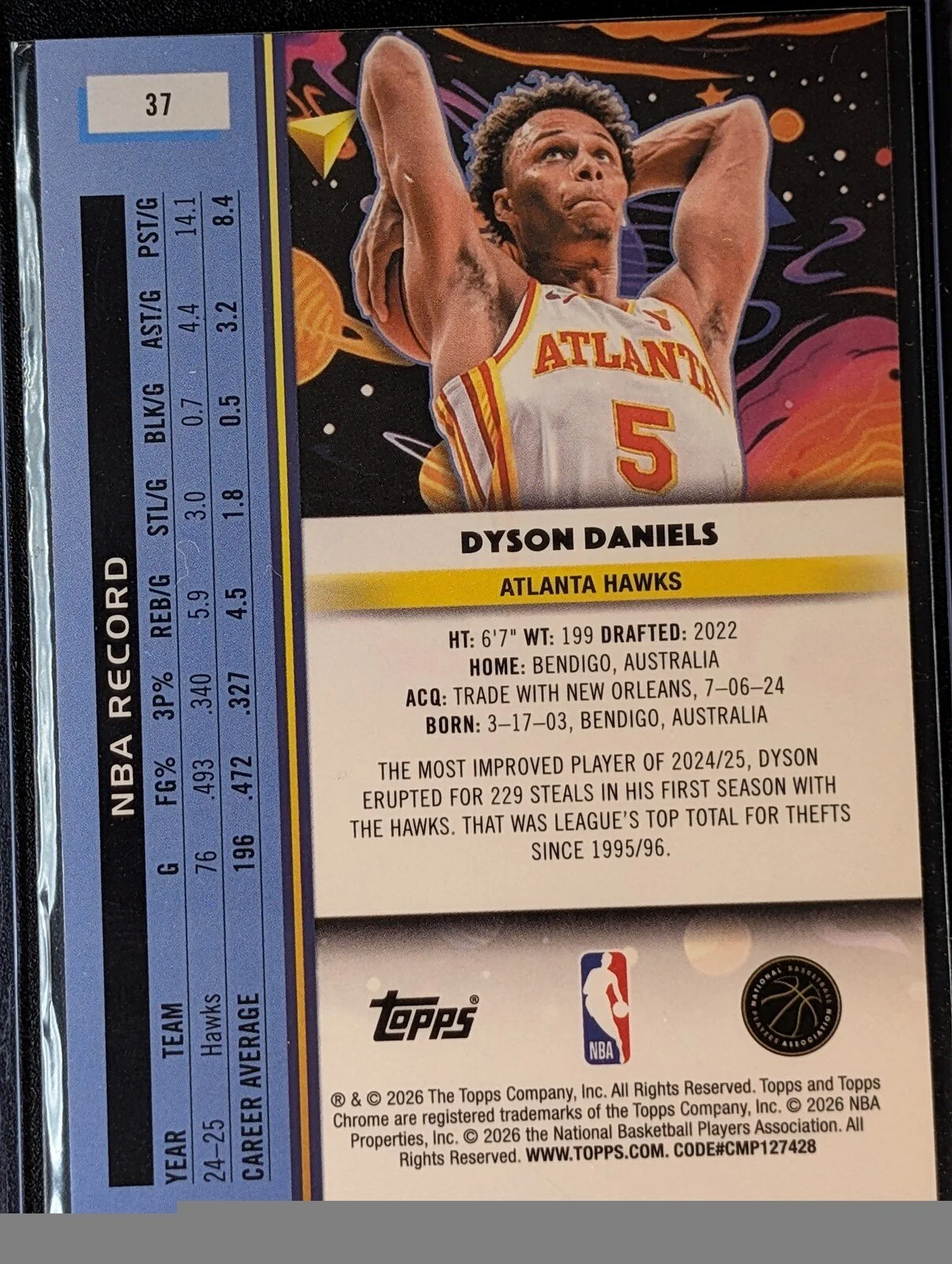 Back of 2025-26 Topps Chrome Cosmic #37 Dyson Daniels Nucleus Refractor