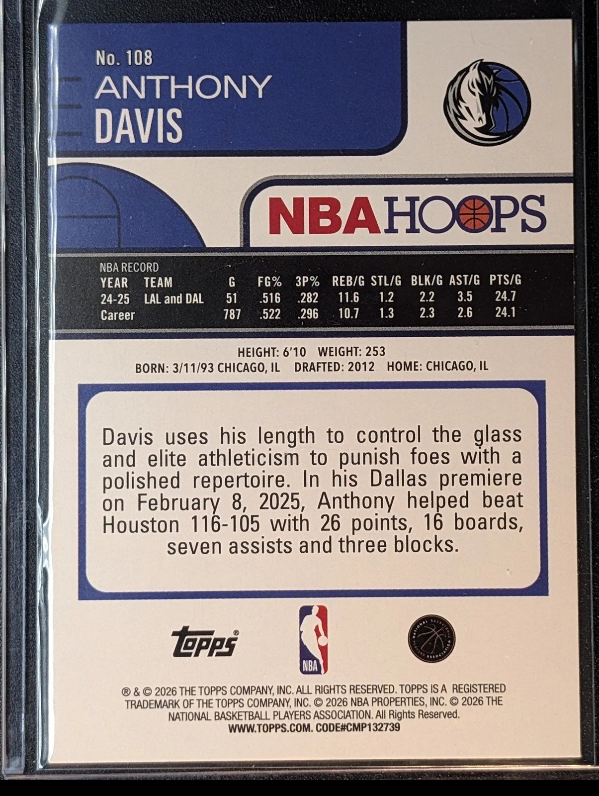 Back of 2025-26 Hoops #108 Anthony Davis Rainbow