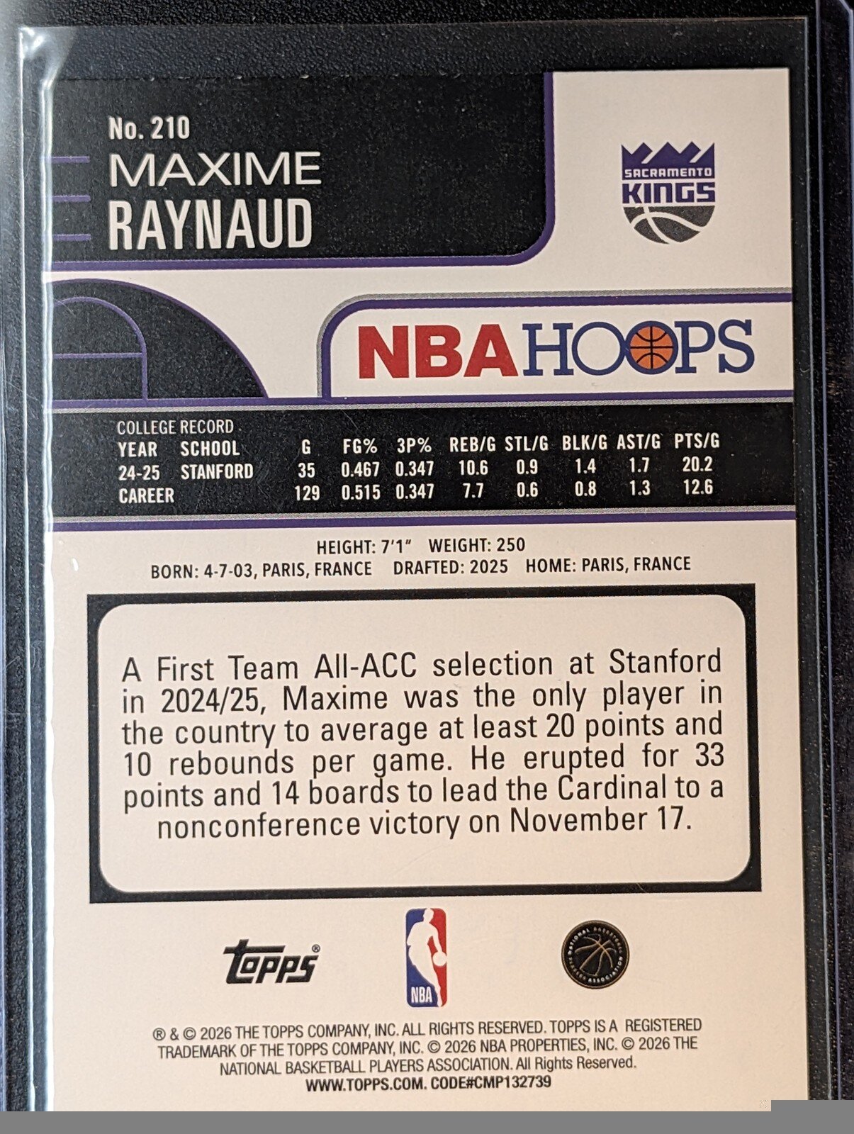 Back of 2025-26 Hoops #210 Maxime Raynaud Pixel Burst