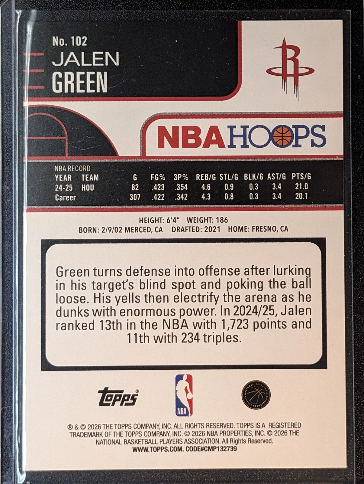Back of 2025-26 Hoops #102 Jalen Green Rainbow