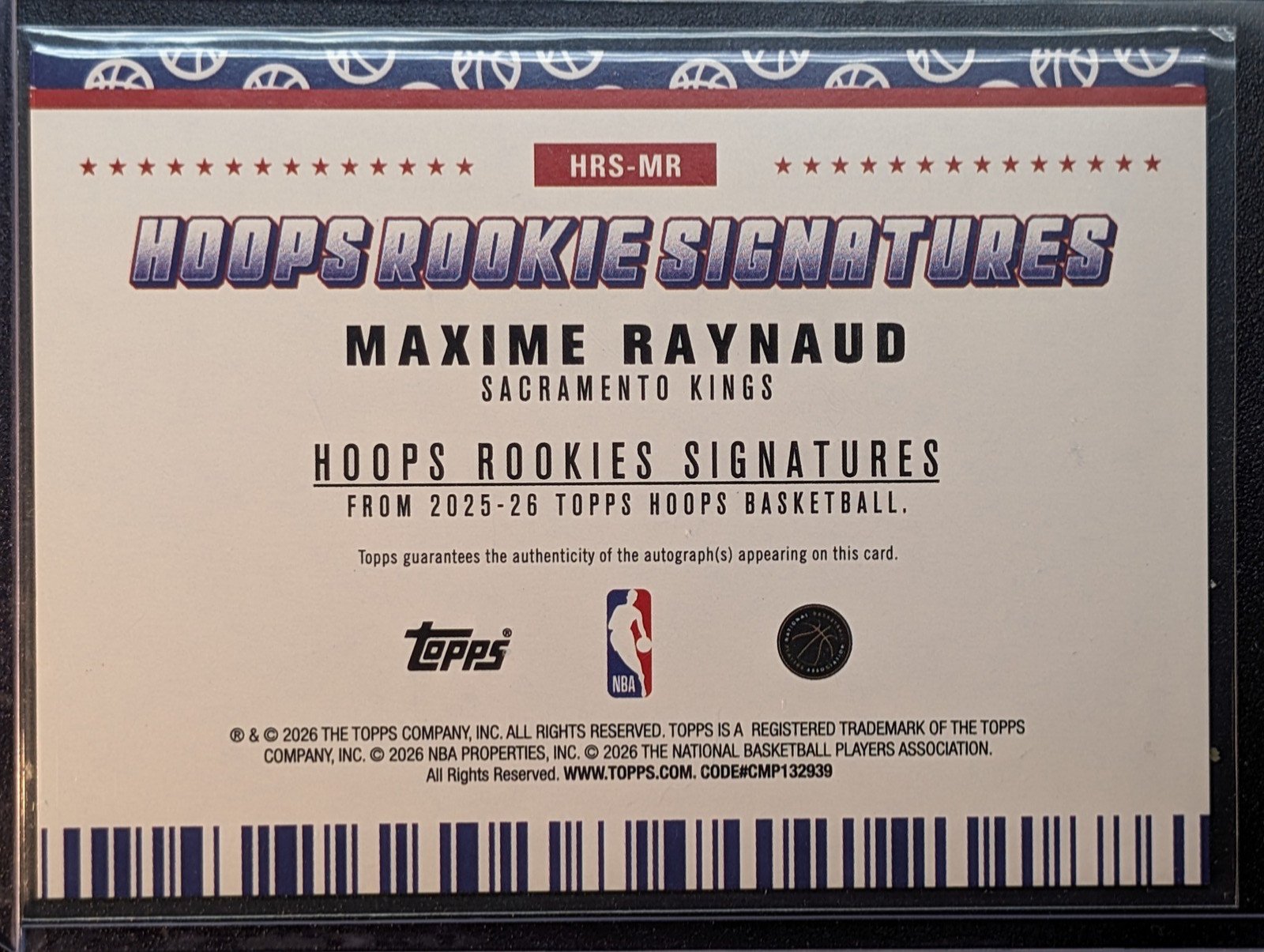 Back of 2025-26 Topps NBA Hoops Maxime Raynaud RC Rookie Signatures Auto #HRS-MR