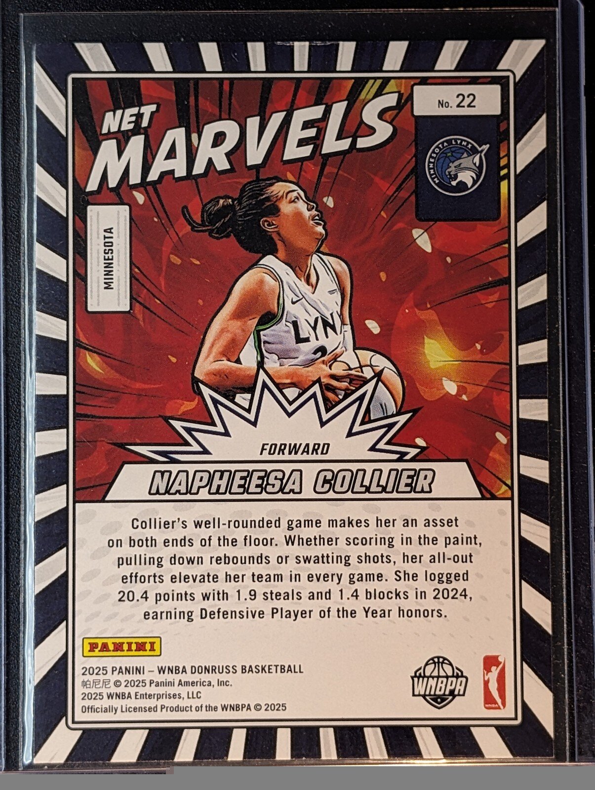 Back of 2025 Donruss WNBA #22 Napheesa Collier Net Marvels Press Proof