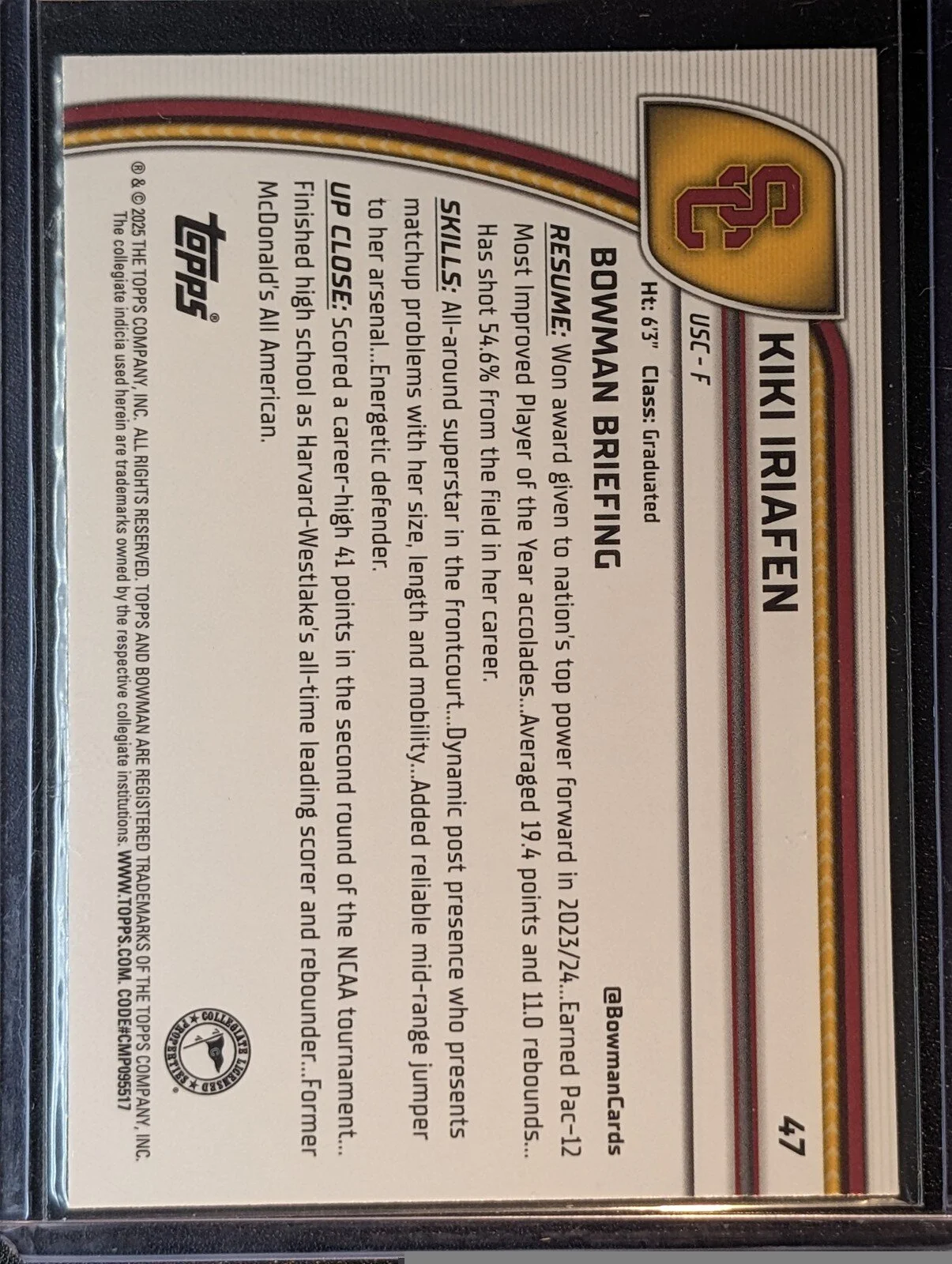 Back of 2024-25 Bowman University Chrome #47 Kiki Iriafen Purple Lava Refractor