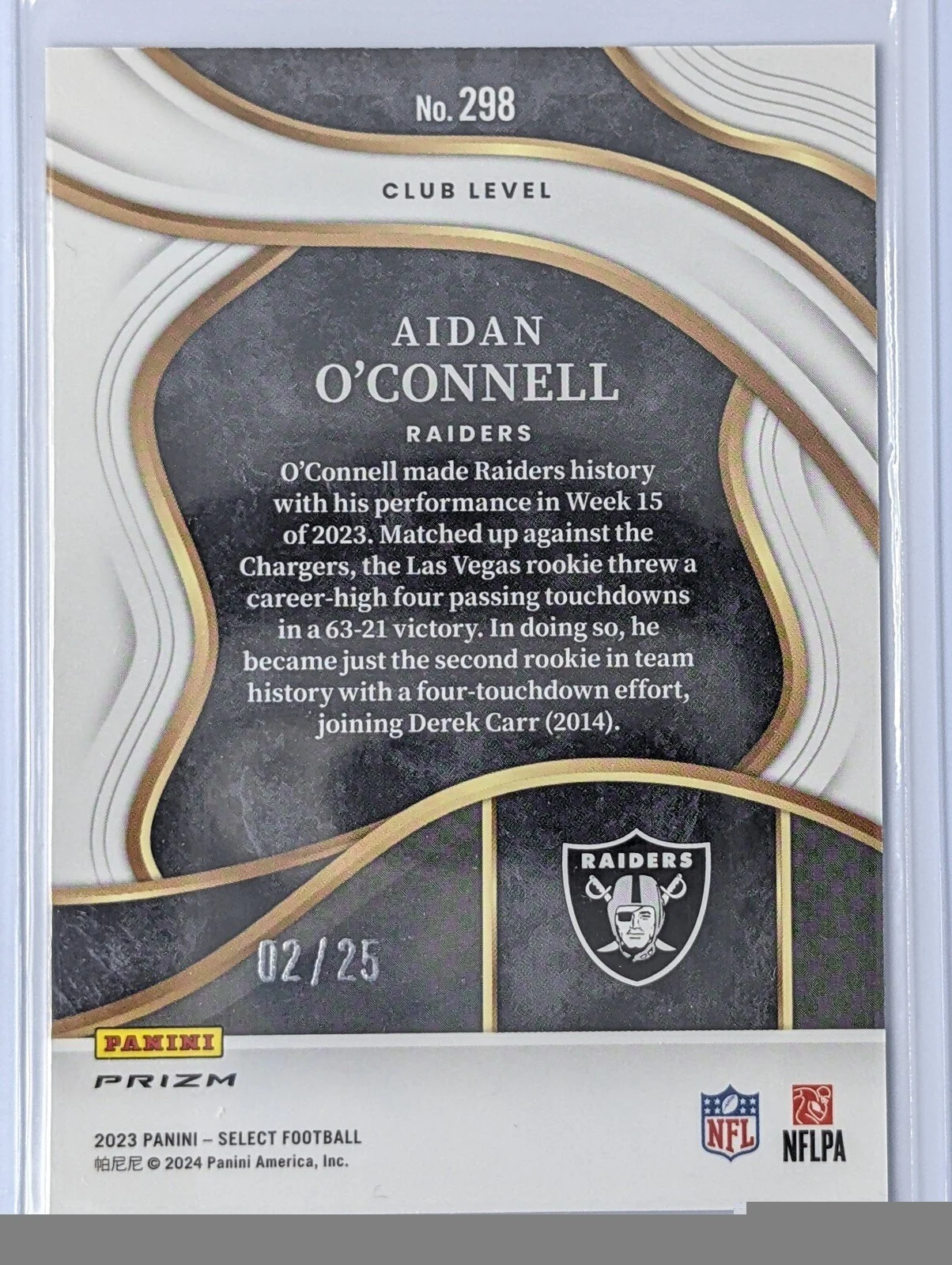Back of 2023 Panini Select #298 Aidan O'Connell Blue Disco Prizms /25