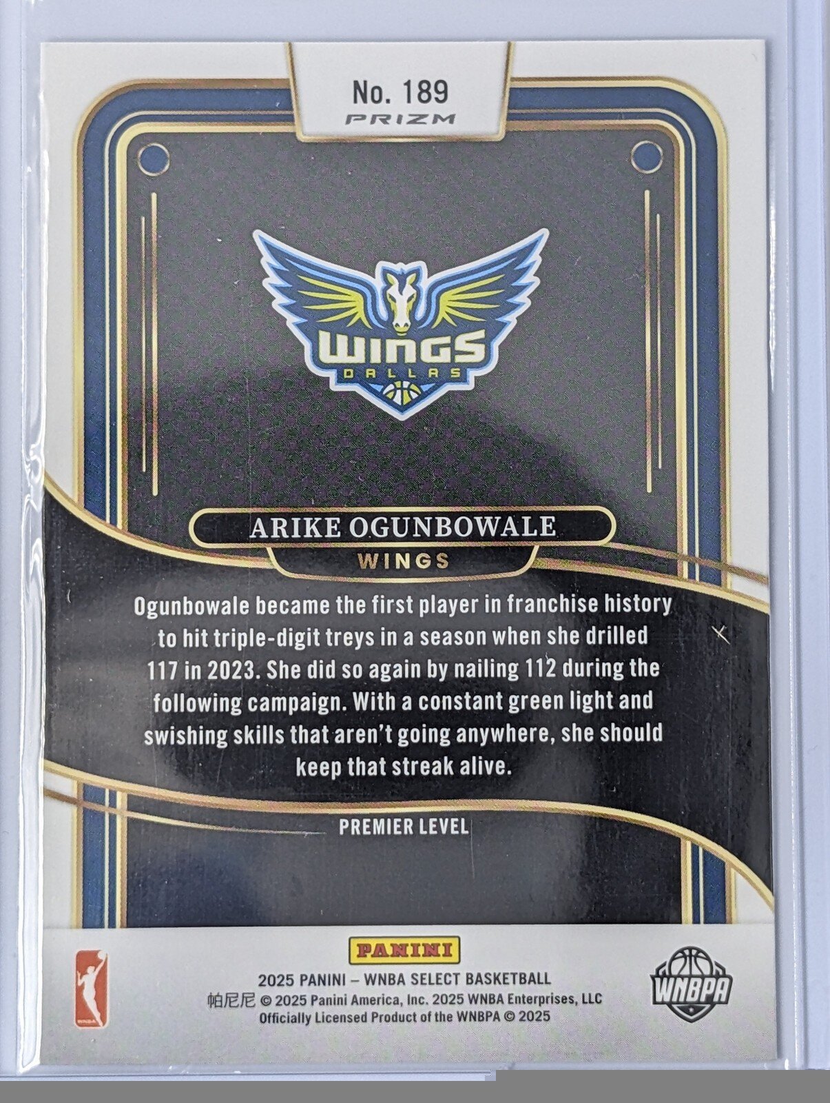 Back of 2025 Panini Select WNBA #189 Arike Ogunbowale Silver Prizms