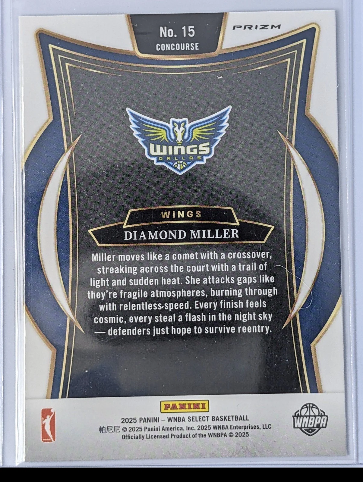 Back of 2025 Panini Select WNBA #15 Diamond Miller Green Ice Prizm