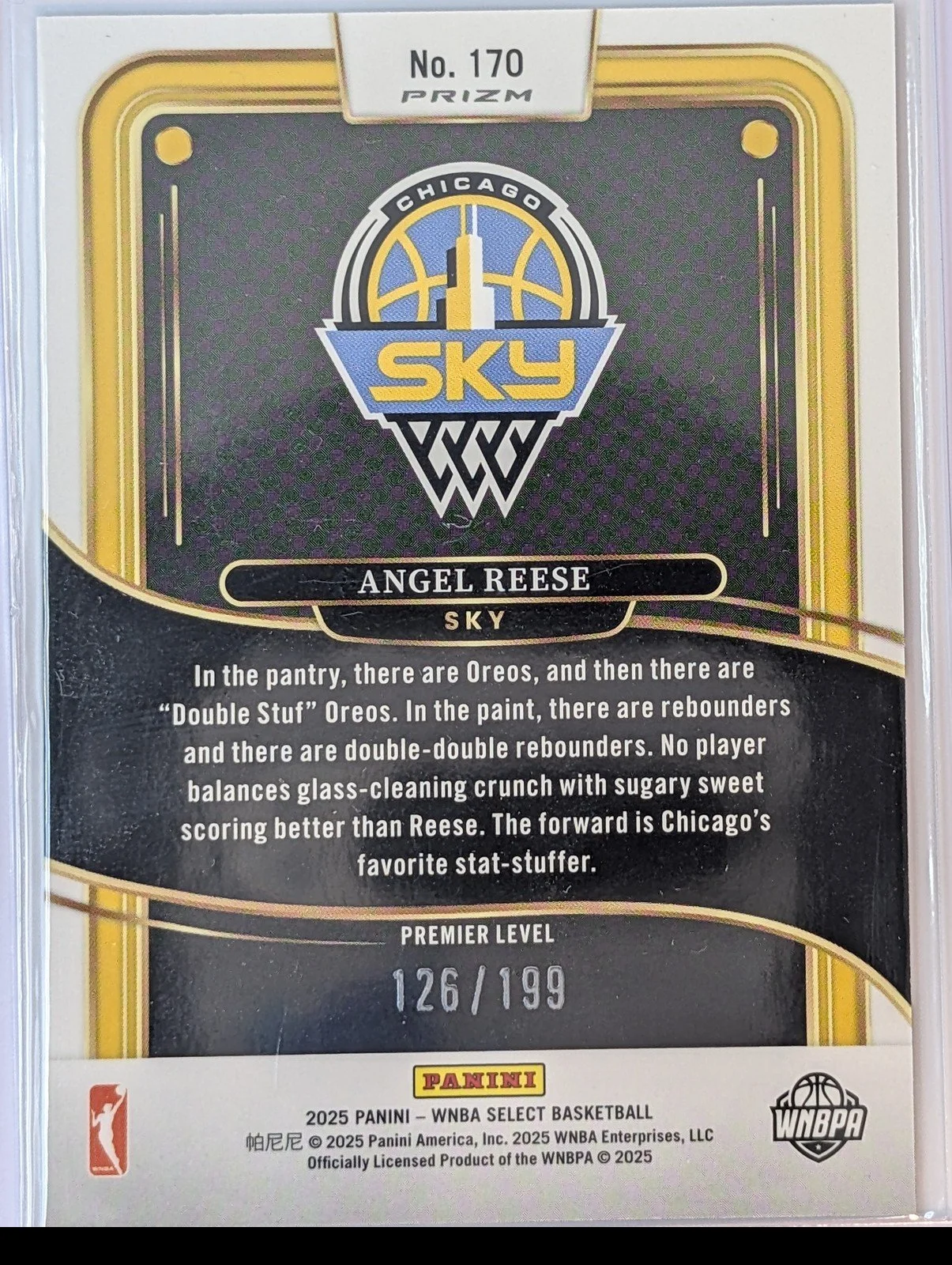 Back of 2025 Panini Select WNBA #170 Angel Reese Blue Scope Prizm/199